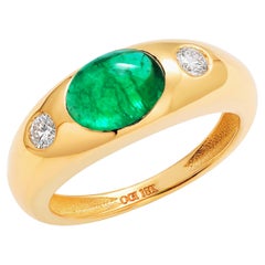 Eighteen Karat Yellow Gold Cabochon Emerald and Diamond Gypsy Ring