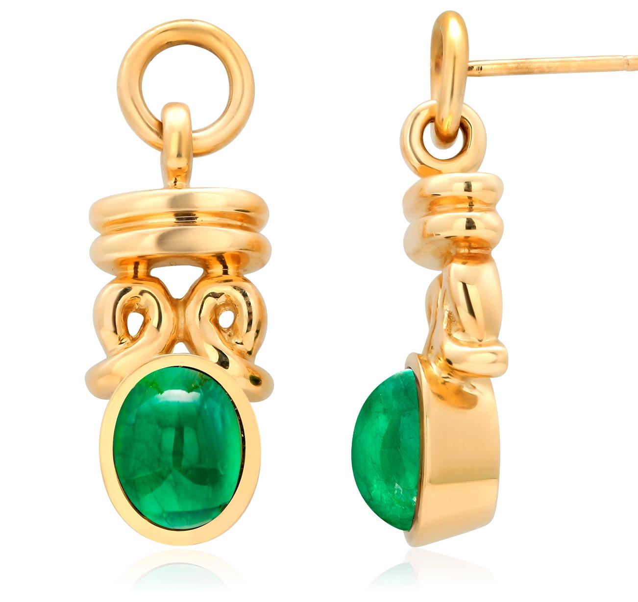 Contemporary Eighteen Karat Yellow Gold Cabochon Green Tourmaline Drop Earrings