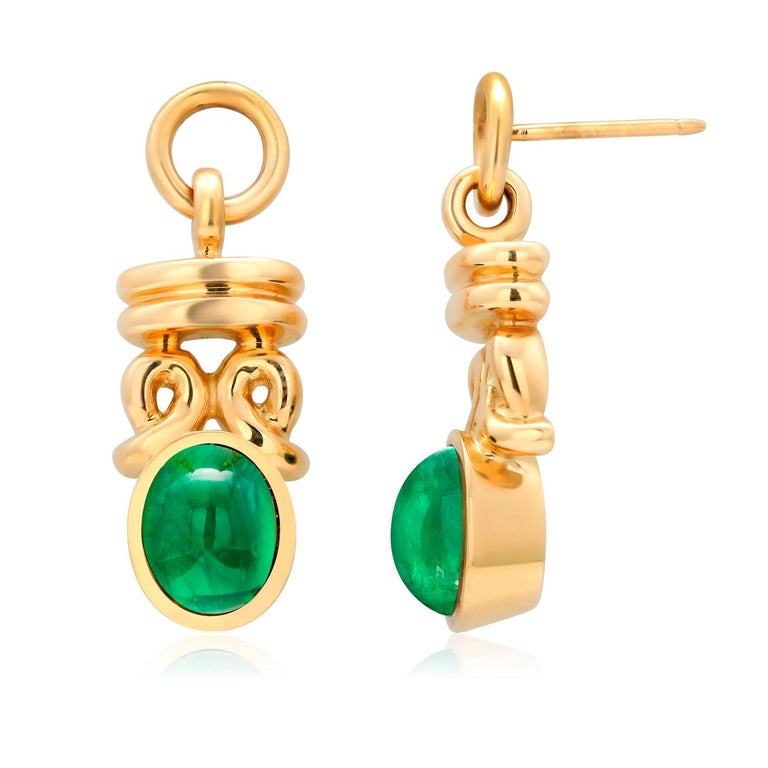 Women's or Men's Eighteen Karat Yellow Gold Cabochon Green Tourmaline Drop Earrings