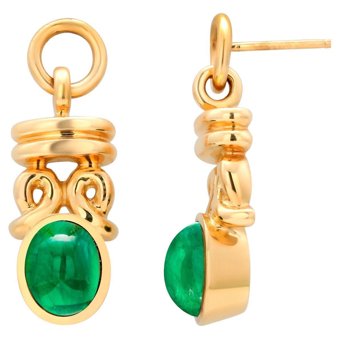 Eighteen Karat Yellow Gold Cabochon Green Tourmaline Drop Earrings