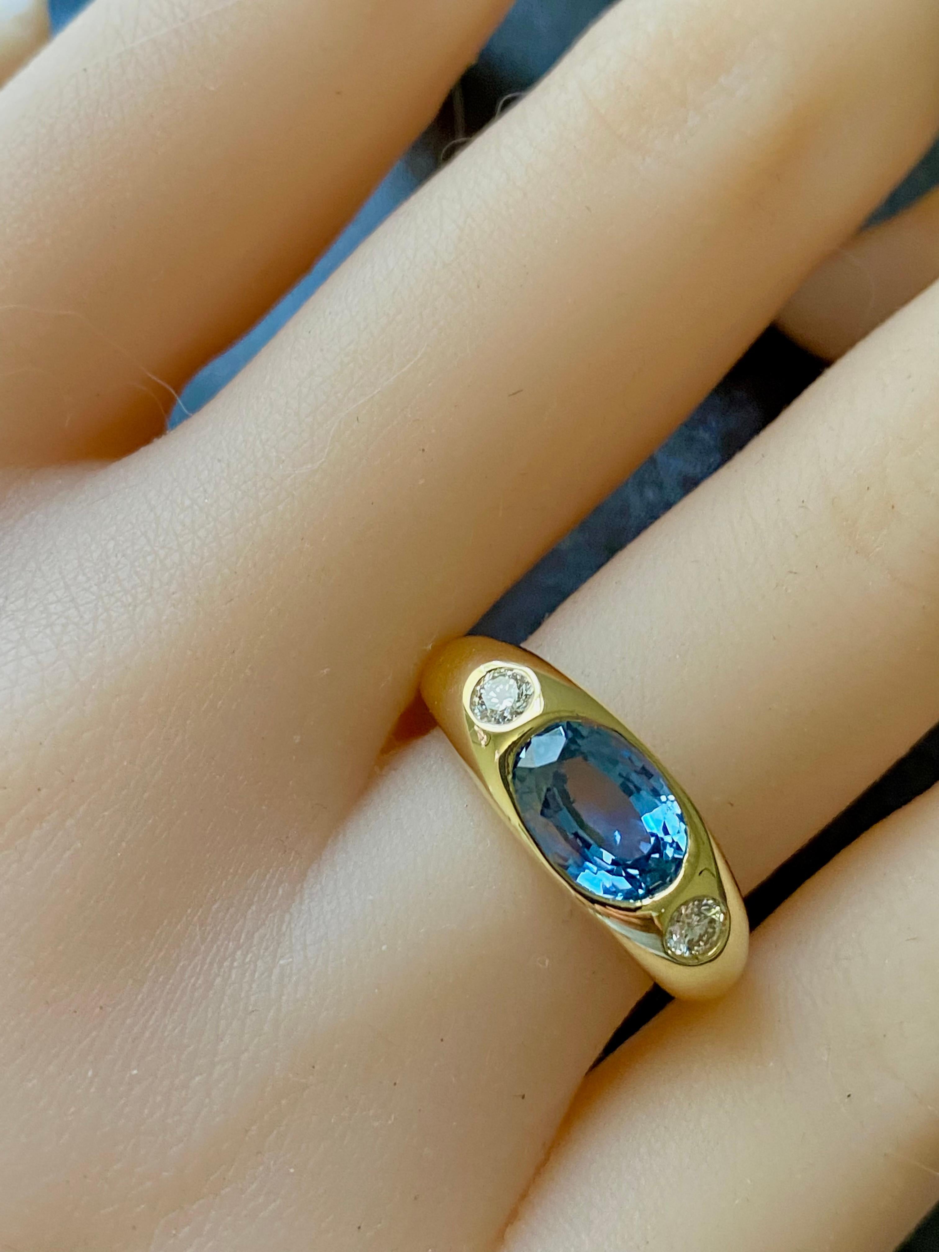 Oval Cut Eighteen Karat Yellow Gold Ceylon Sapphire and Diamond Gypsy Ring