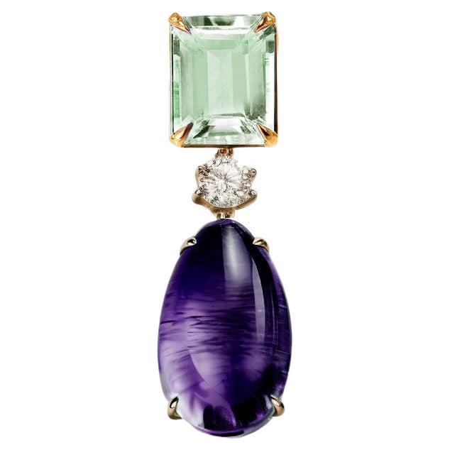 Eighteen Karat Yellow Gold Contemporary Brooch with Amethyst and Sapphire