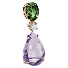 Eighteen Karat Yellow Gold Contemporary Brooch with Green Sapphire and Diamond
