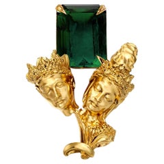 Moderne Brosche aus 18-karätigem Gelbgold mit grünem Turmalin