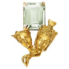 Eighteen Karat Yellow Gold Contemporary Brooch with Minty Quartz