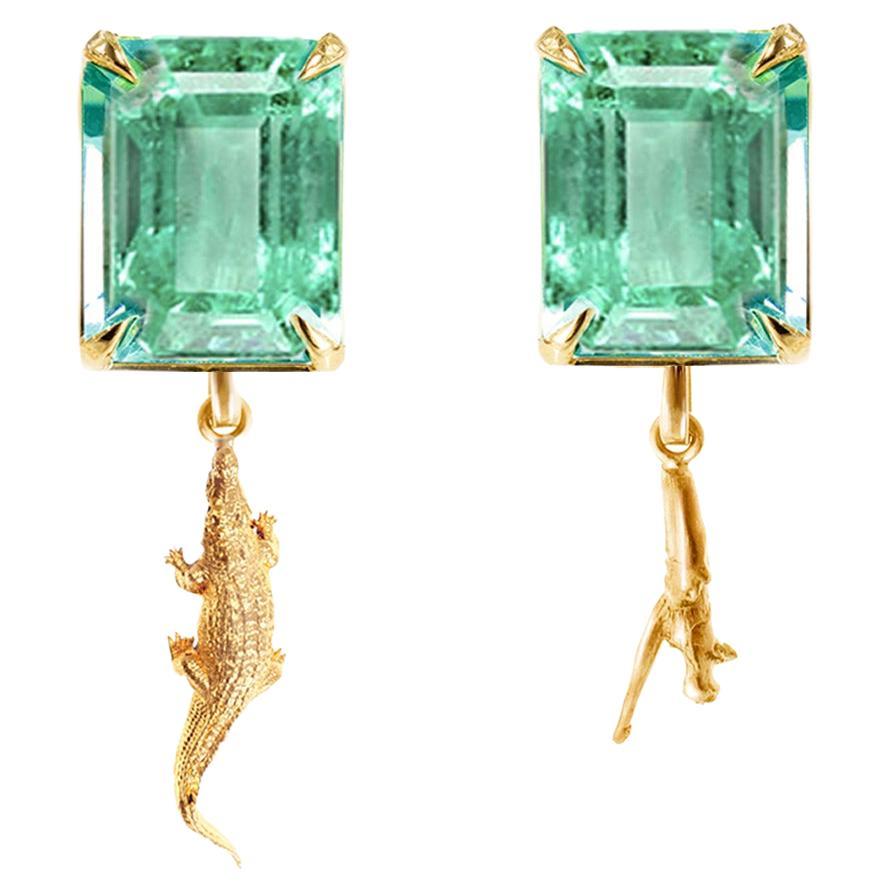 Boucles d'oreilles contemporaines en or jaune 18 carats avec émeraudes naturelles