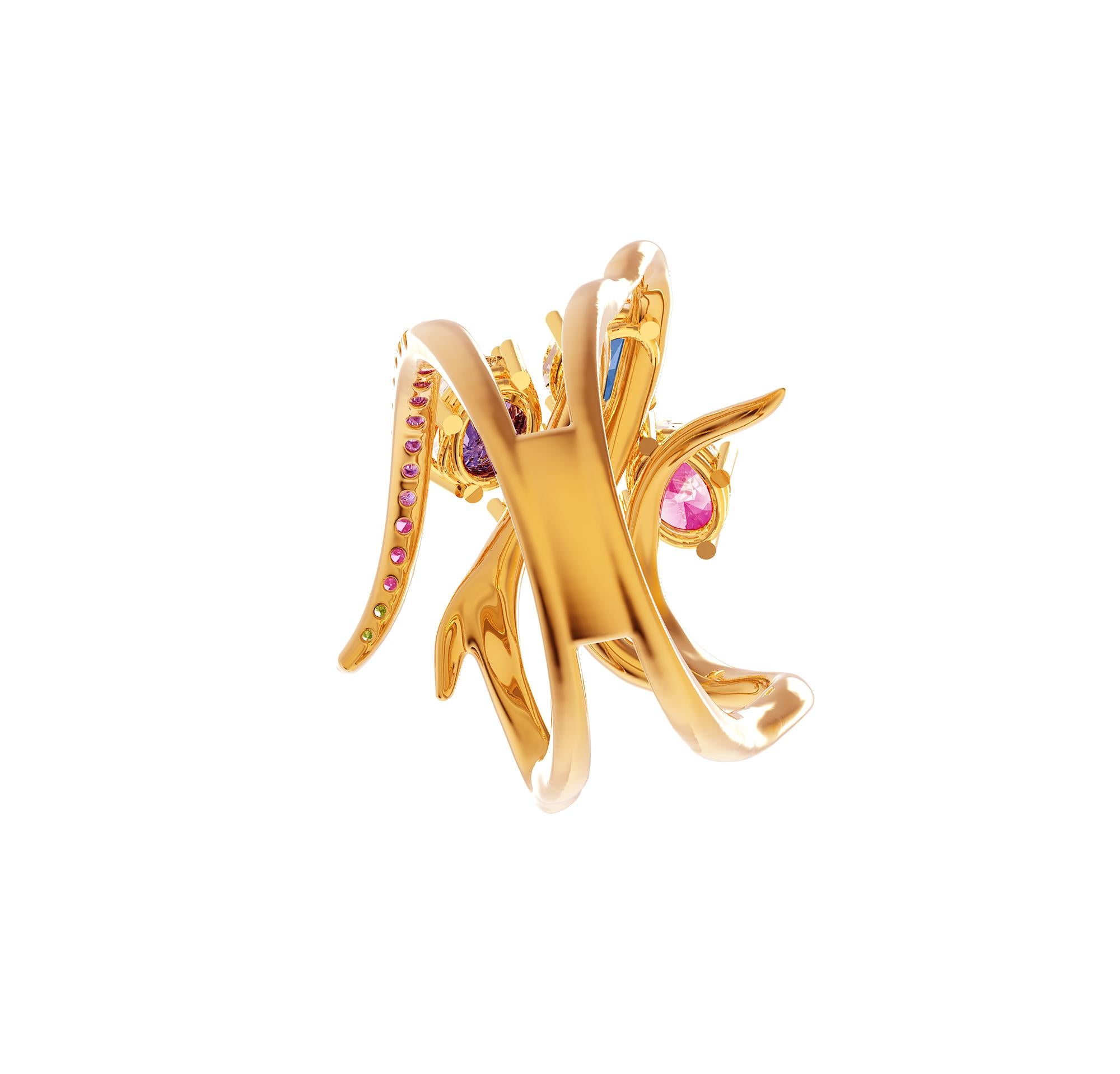 Eighteen Karat Yellow Gold Contemporary Cocktail Cluster Ring with Pink Sapphire For Sale 1