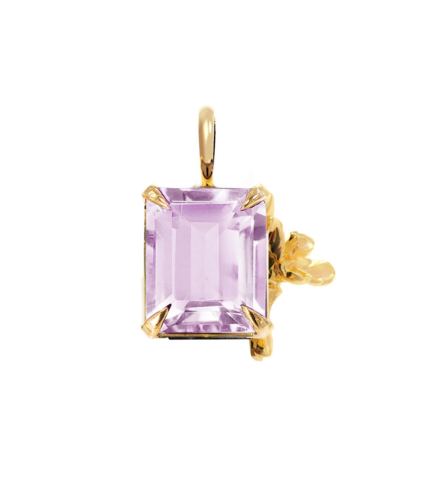 This contemporary pendant necklace, named after Mesopotamia, feature natural rose quartz in octagon cut and golden daffodil. It belongs to the collection, which was featured in a published issue of Vogue UA. The piece will be custom made of 18 karat