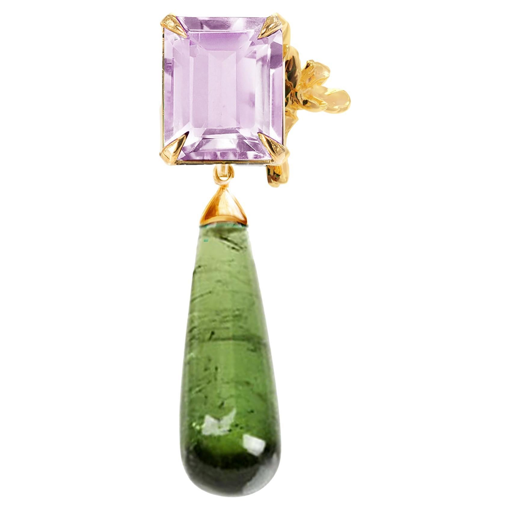 Collana con ciondolo in oro giallo a diciotto carati con tormalina giunchiglia contemporanea