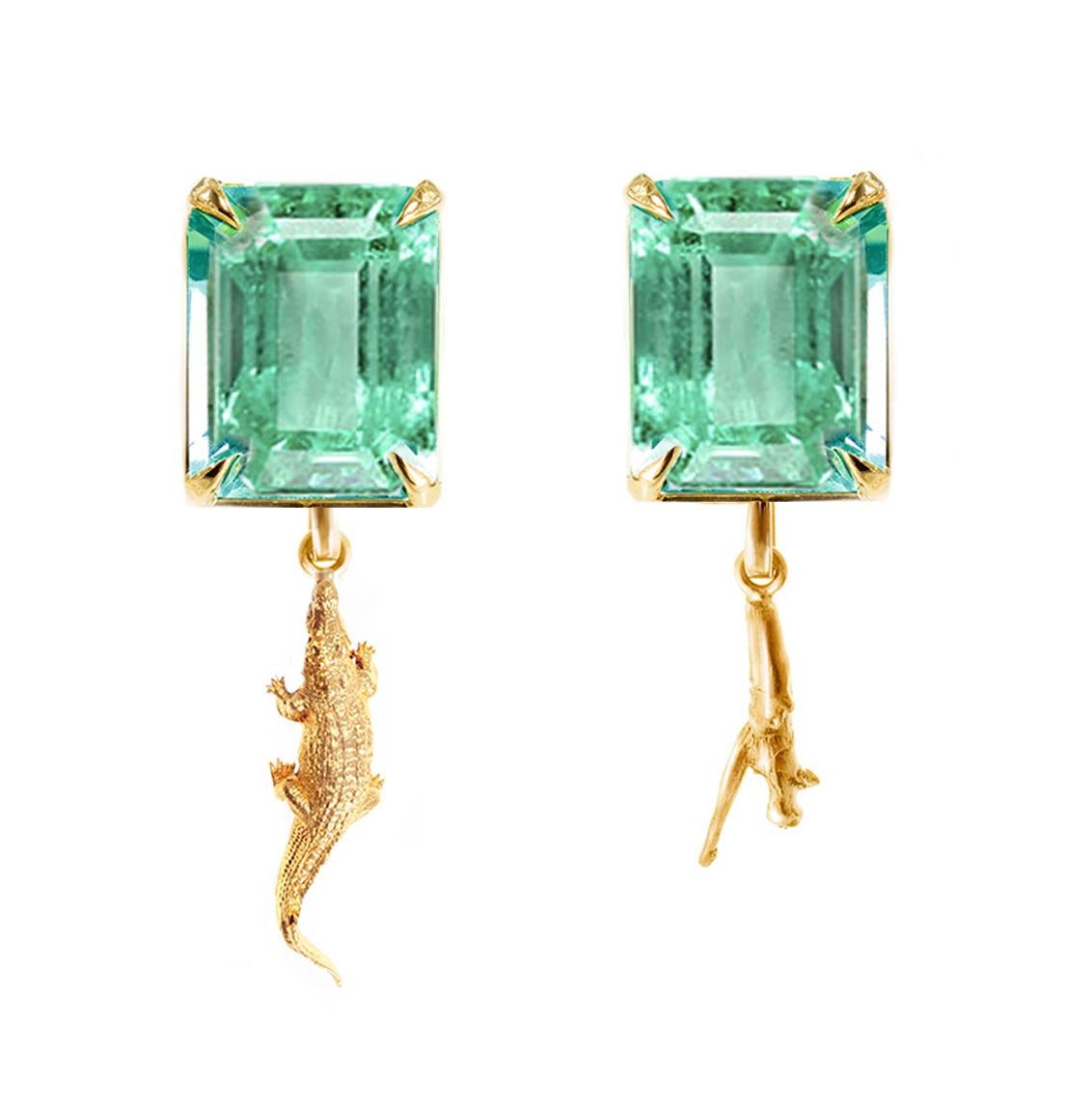 Eighteen Karat Yellow Gold Contemporary Dangle Earrings with Natural Emeralds