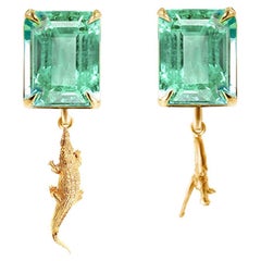 Eighteen Karat Yellow Gold Contemporary Dangle Earrings with Natural Emeralds