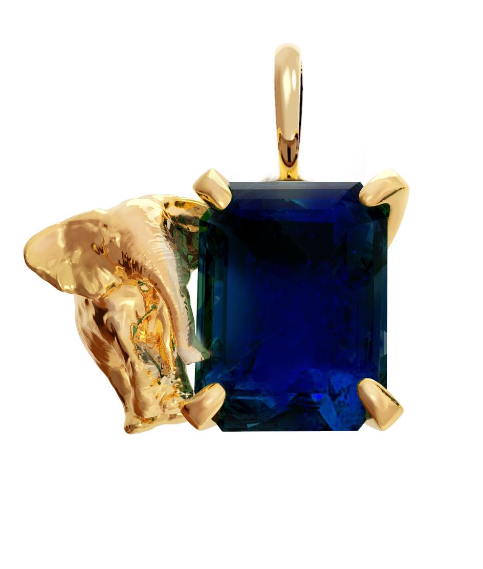 Eighteen Karat Yellow Gold Contemporary Elephant Dark Sapphire Pendant Necklace For Sale 2