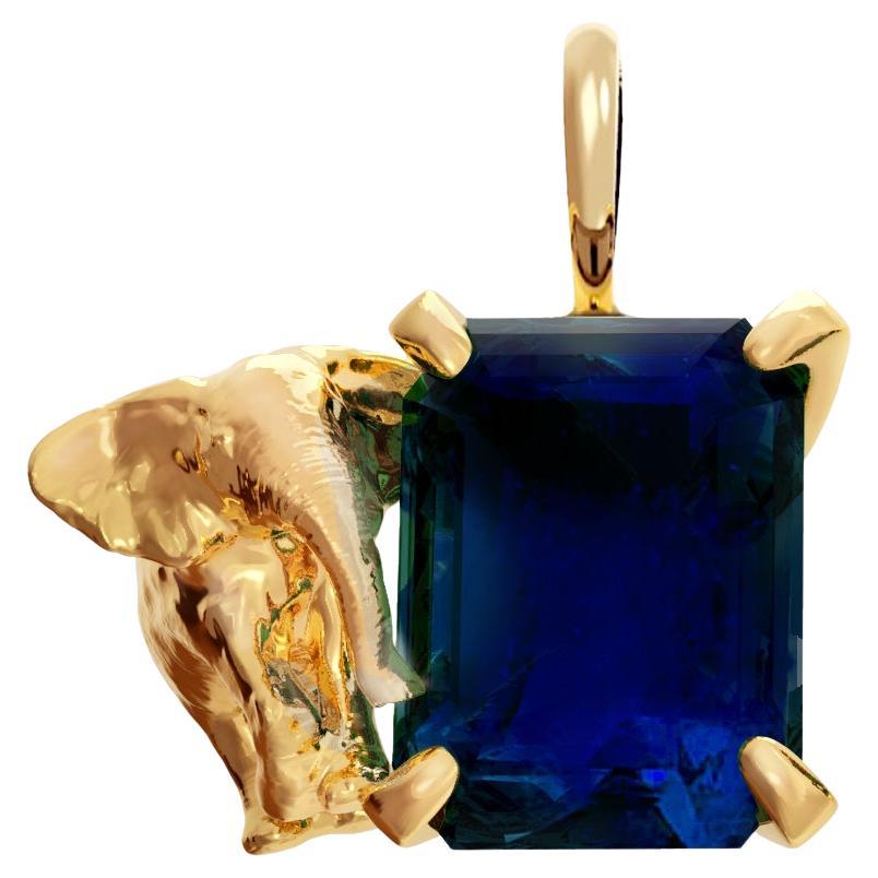 Eighteen Karat Yellow Gold Contemporary Elephant Dark Sapphire Pendant Necklace For Sale
