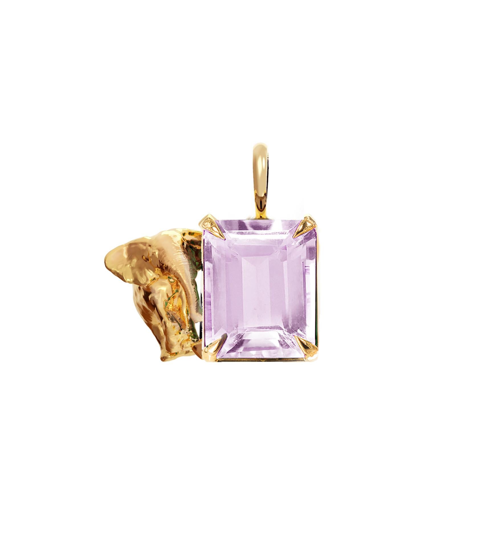 This contemporary pendant necklace, named after Mesopotamia, feature natural rose quartz and golden elephant. It belongs to the collection, which was featured in a published issue of Vogue UA. The piece will be custom made of 18 karat yellow gold.