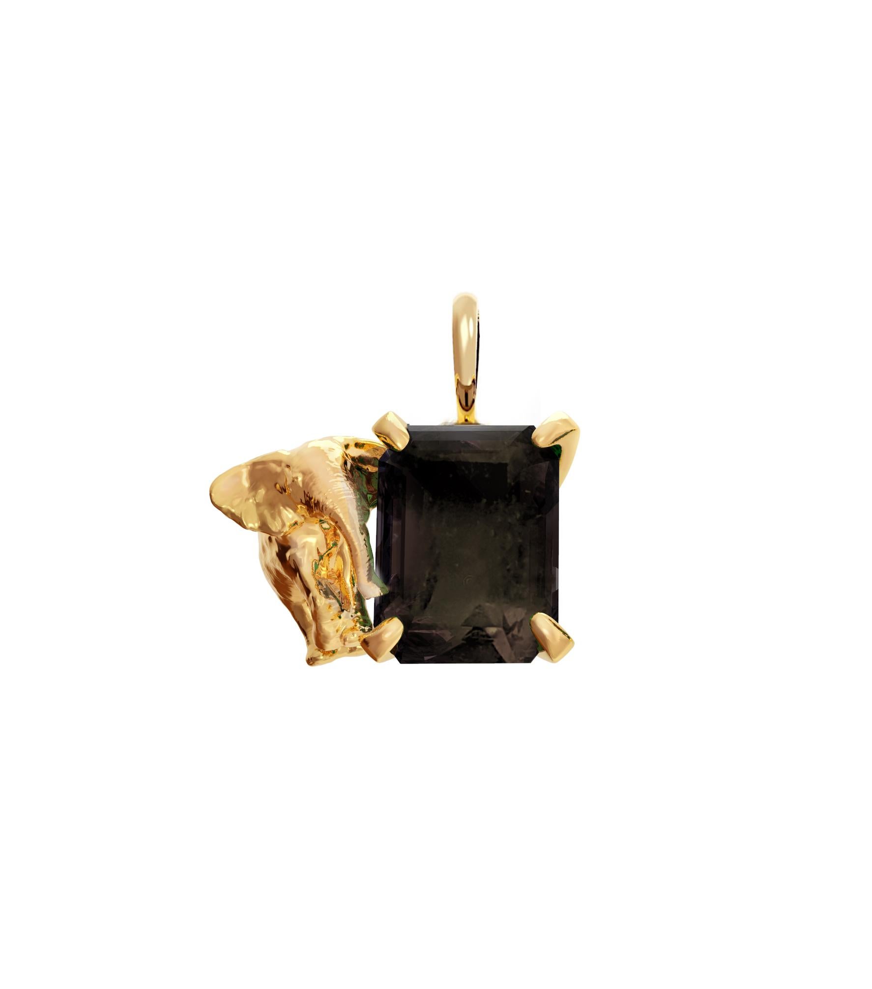 This contemporary pendant necklace, named after Mesopotamia, feature natural smoky quartz and golden elephant. It belongs to the collection, which was featured in a published issue of Vogue UA. The piece will be custom made of 18 karat yellow gold.