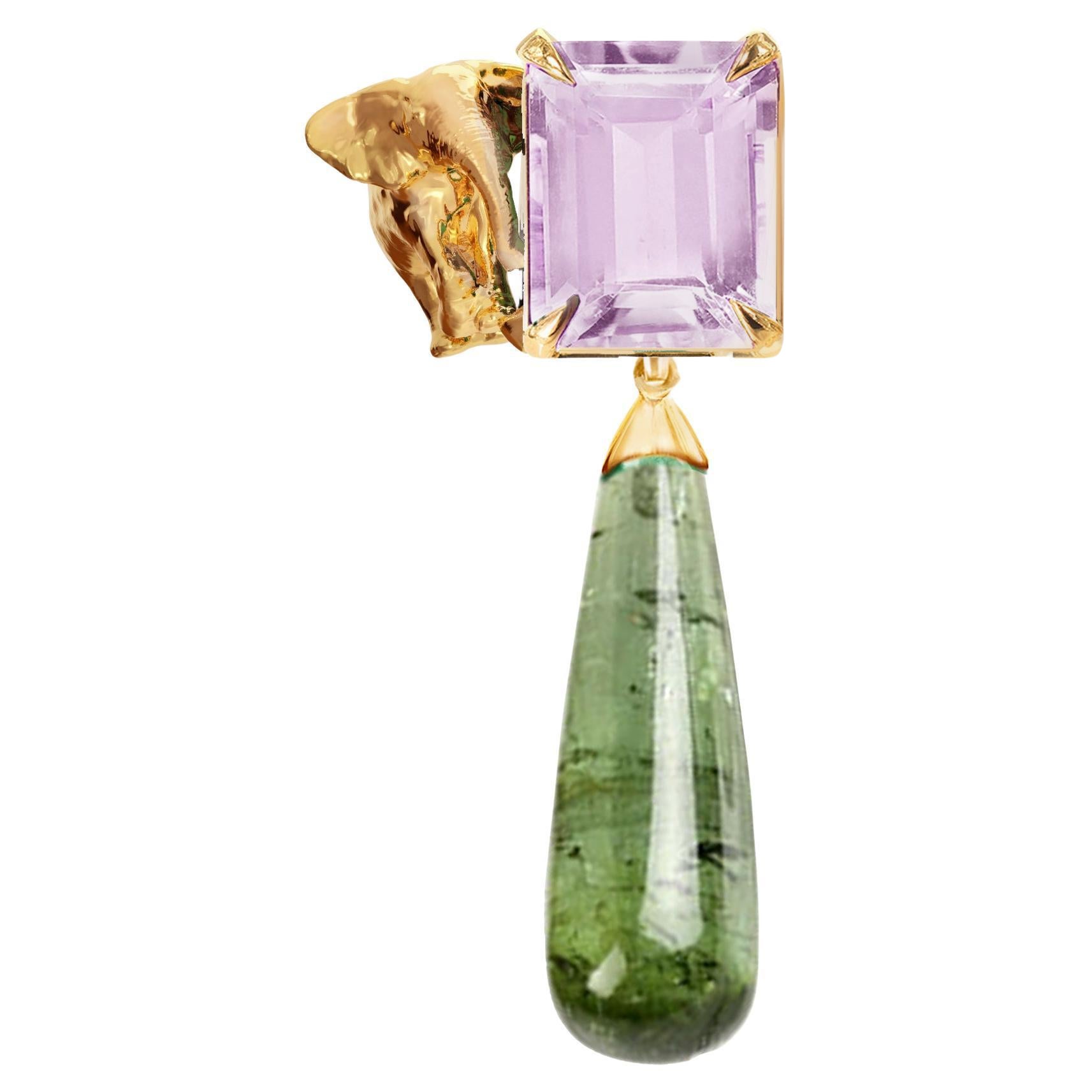 Eighteen Karat Yellow Gold Contemporary Elephant Tourmaline Brooch