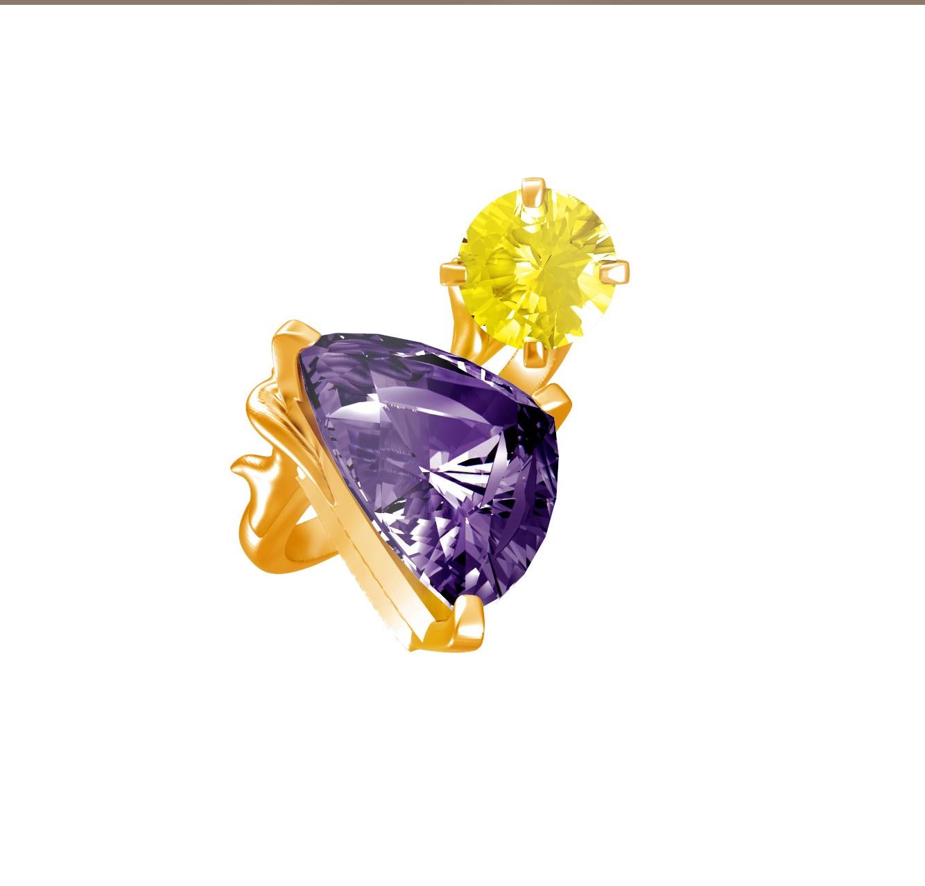 This contemporary fashion cluster ring is made of 18 karat yellow gold with trillion cut amethyst and round cut citrine. The unusual angle of the gems placement makes it look even bigger, as a perfect cocktail ring. 

The ring will be custom made