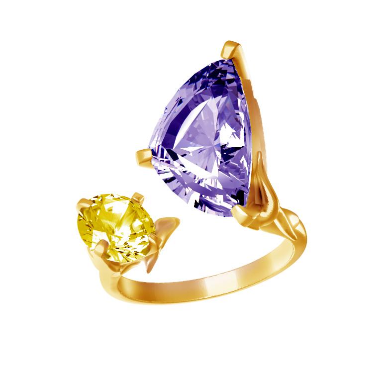 Eighteen Karat Yellow Gold Contemporary Fashion Ring with Amethyst and Citrine For Sale 1
