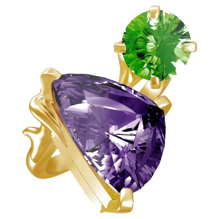 This contemporary fashion cluster ring is made of 18 karat yellow gold with trillion cut amethyst and green round cut quartz. The unusual angle of the gems placement makes it look even bigger, as a perfect cocktail ring. This piece can be personally