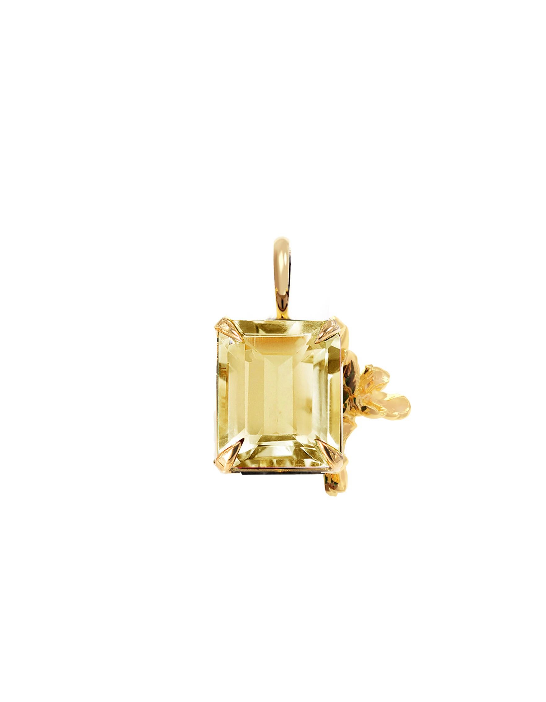 This contemporary pendant necklace, named after Mesopotamia, feature natural citrine quartz and golden daffodil flower. It belongs to the collection, which was featured in a published issue of Vogue UA. The piece will be custom made of 18 karat