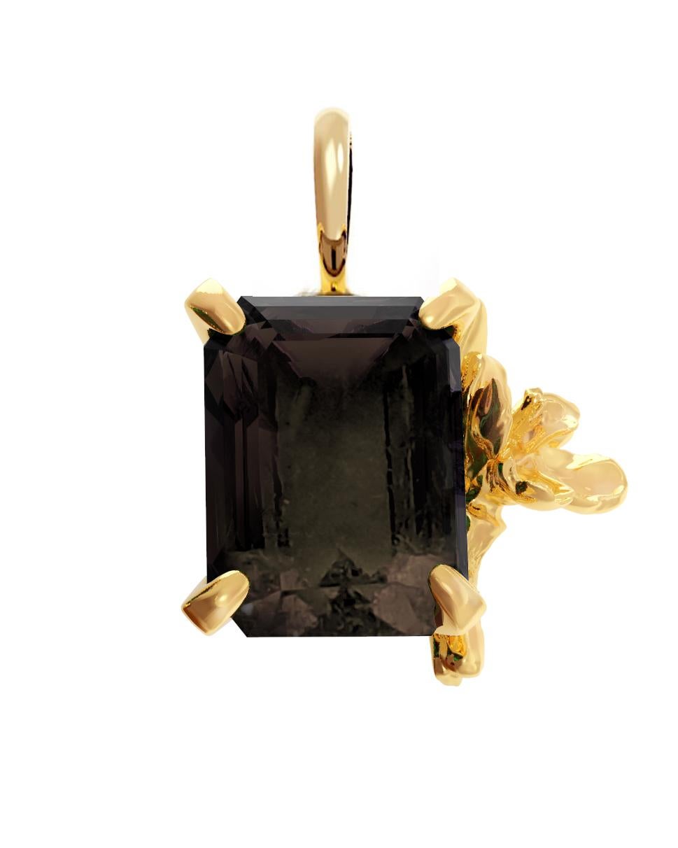 Women's or Men's Eighteen Karat Yellow Gold Contemporary Floral   Smoky Quartz Pendant Necklace For Sale