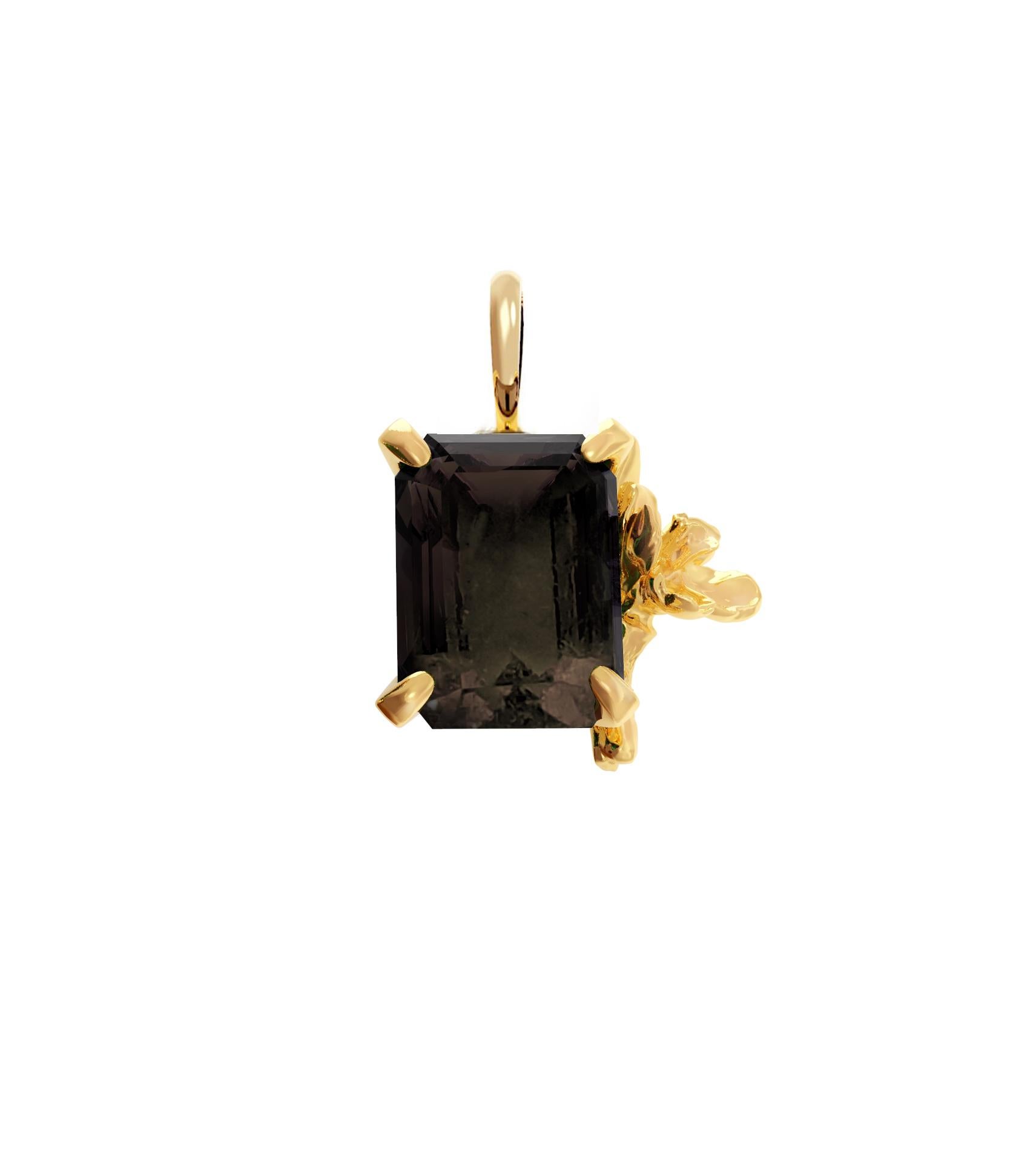 Eighteen Karat Yellow Gold Contemporary Floral   Smoky Quartz Pendant Necklace For Sale 1