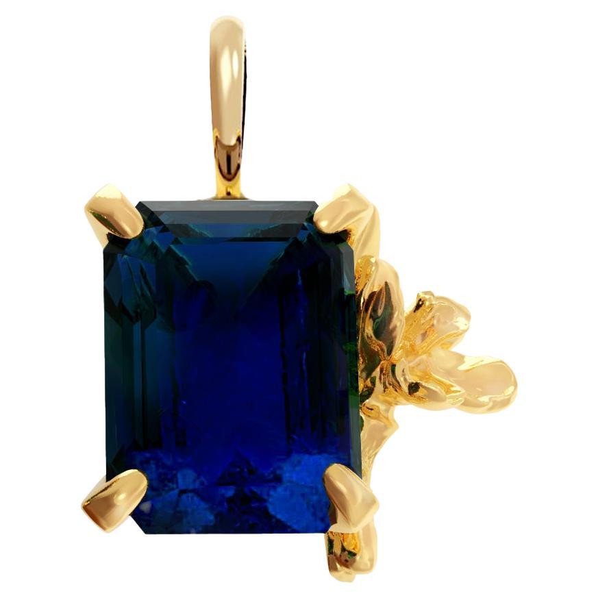 Eighteen Karat Yellow Gold Contemporary Flower Dark Sapphire Pendant Necklace