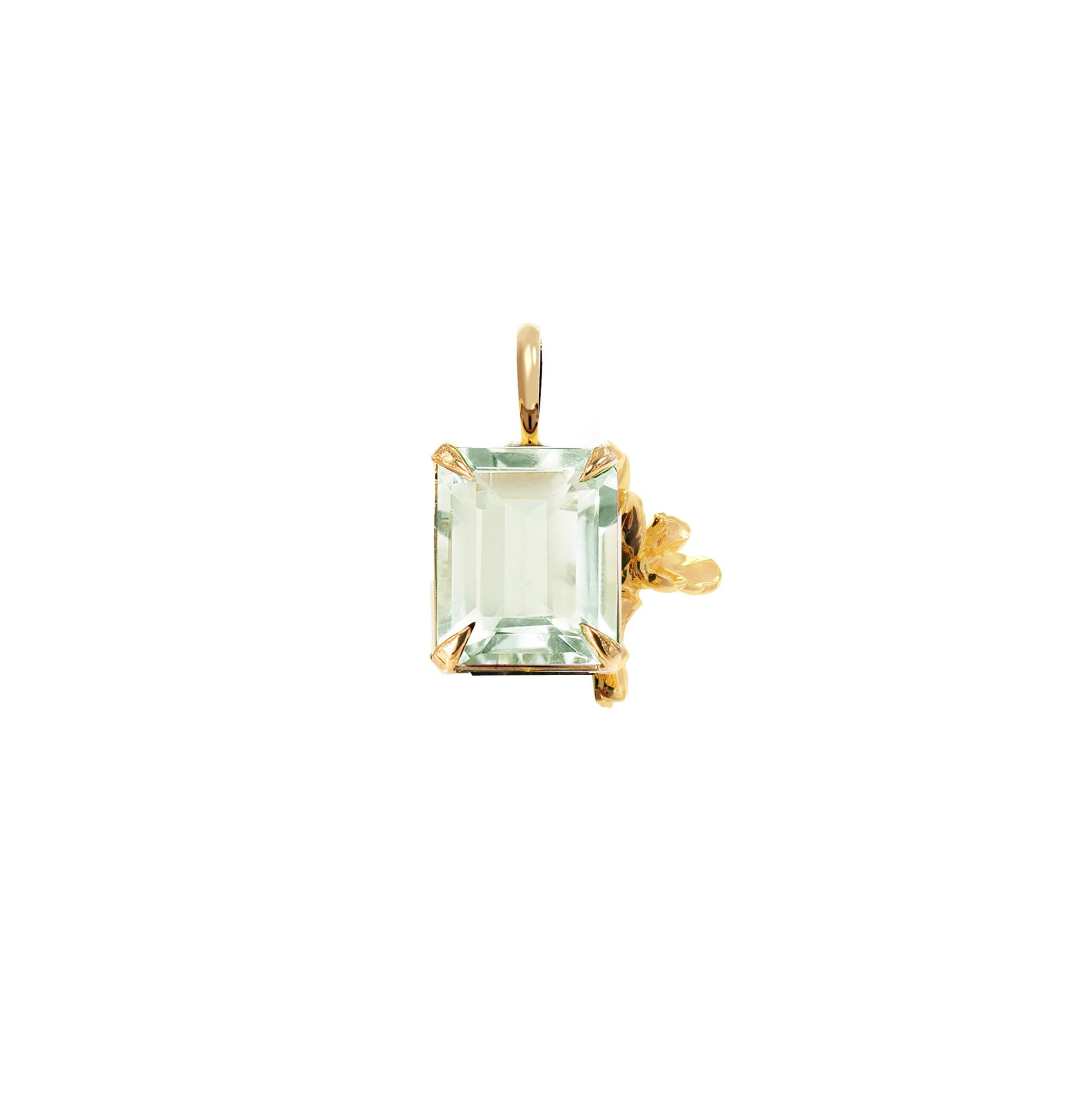 This contemporary pendant necklace, named after Mesopotamia, feature natural minty quartz (prasiolite) and golden daffodil flower. It belongs to the collection, which was featured in a published issue of Vogue UA. The piece will be custom made of 18