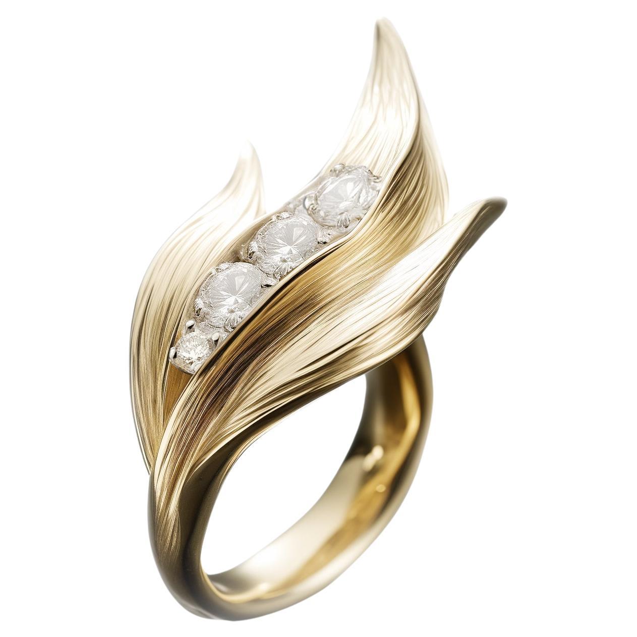 Eighteen Karat Yellow Gold Contemporary Lily of The Valley Ring with Diamonds For Sale