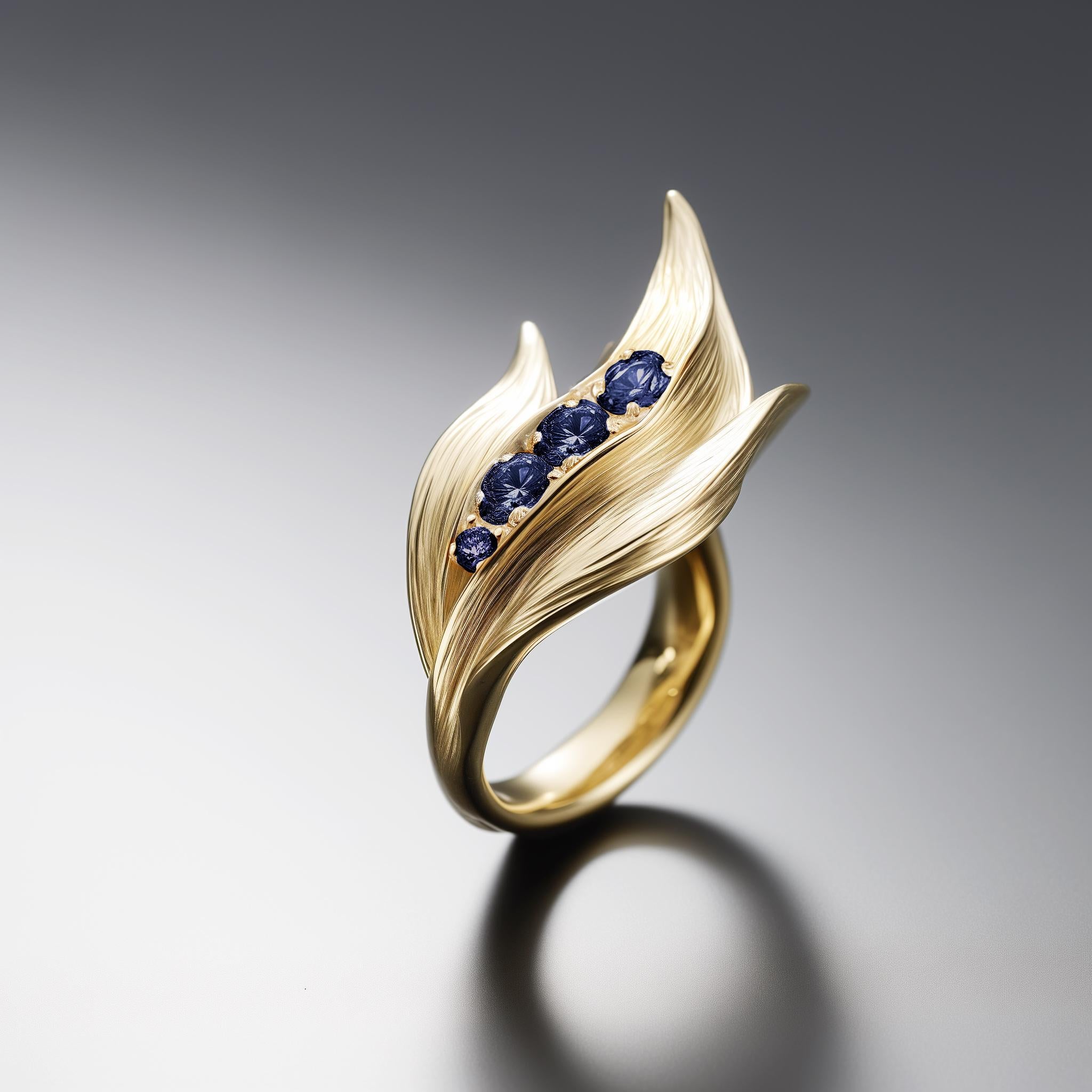 Round Cut Eighteen Karat Yellow Gold Contemporary Lily of The Valley Ring with Sapphires For Sale