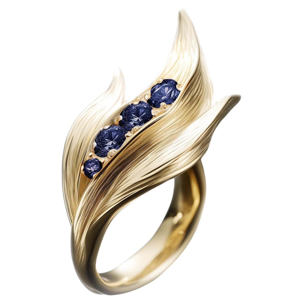 Eighteen Karat Yellow Gold Contemporary Lily of The Valley Ring with Sapphires For Sale