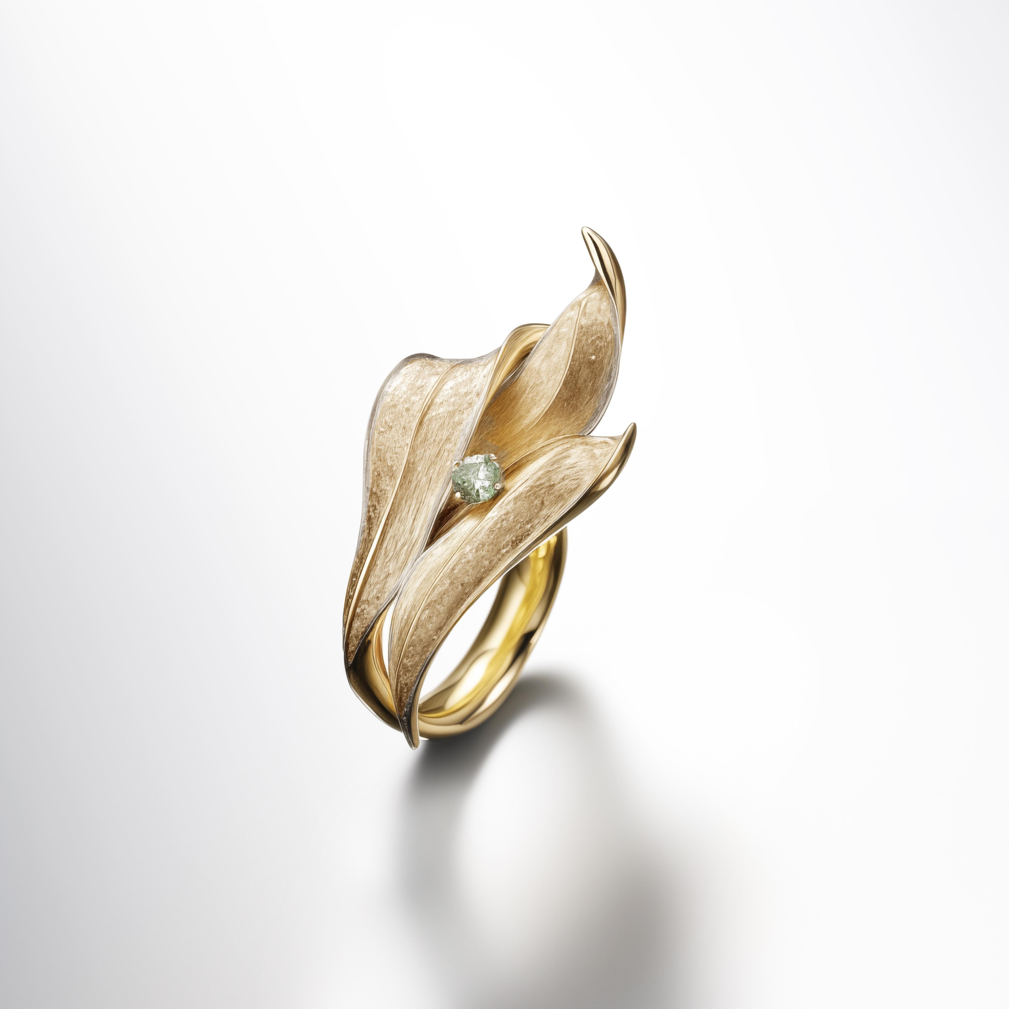 This contemporary Lily of The Valley Engagement Ring is made of 18 karat yellow gold and one round minty tourmaline. It has a sculptural shape. We work with German gems companies that have been in business since the 19th century. The ring can be