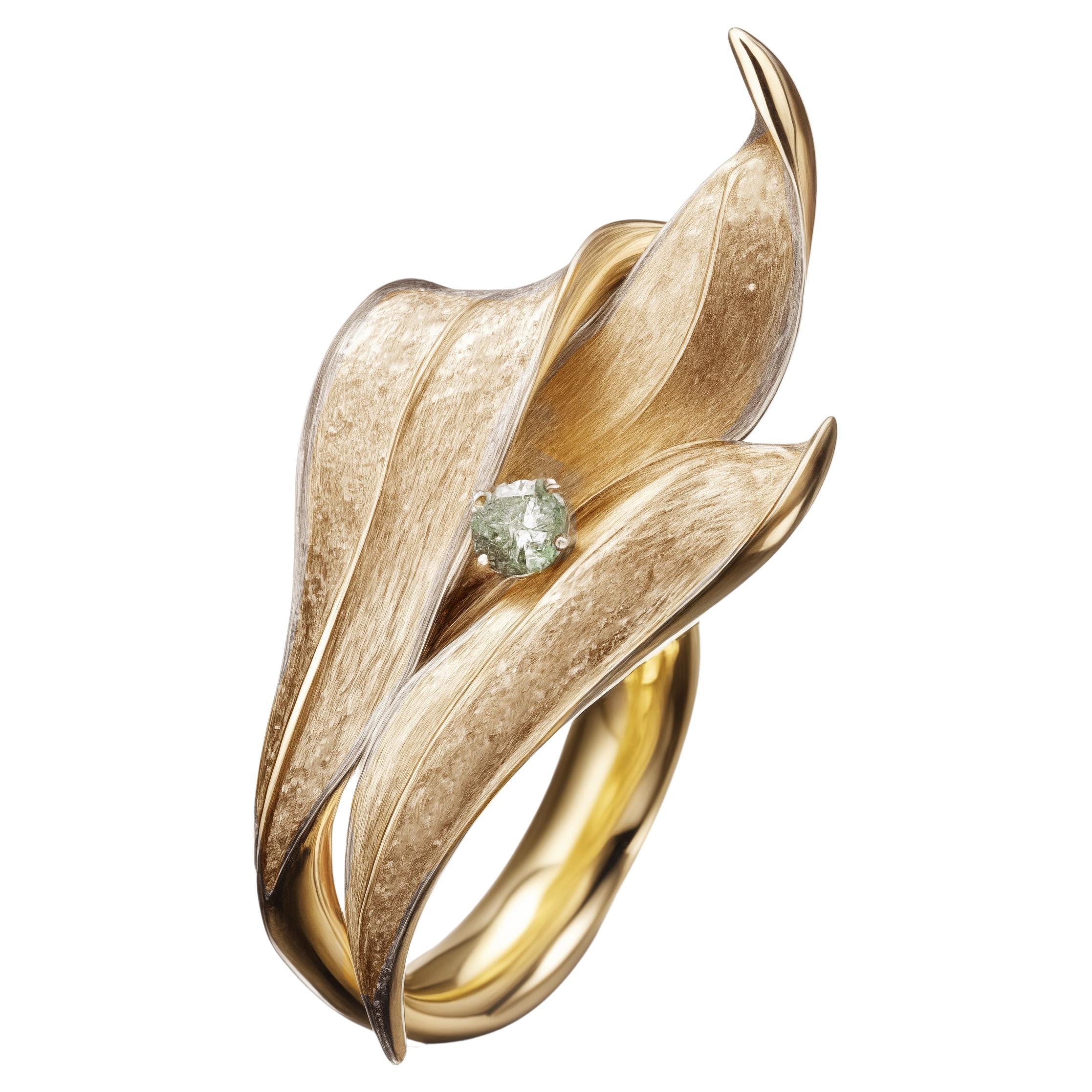 Eighteen Karat Yellow Gold Contemporary Lily of The Valley Ring with Tourmaline For Sale
