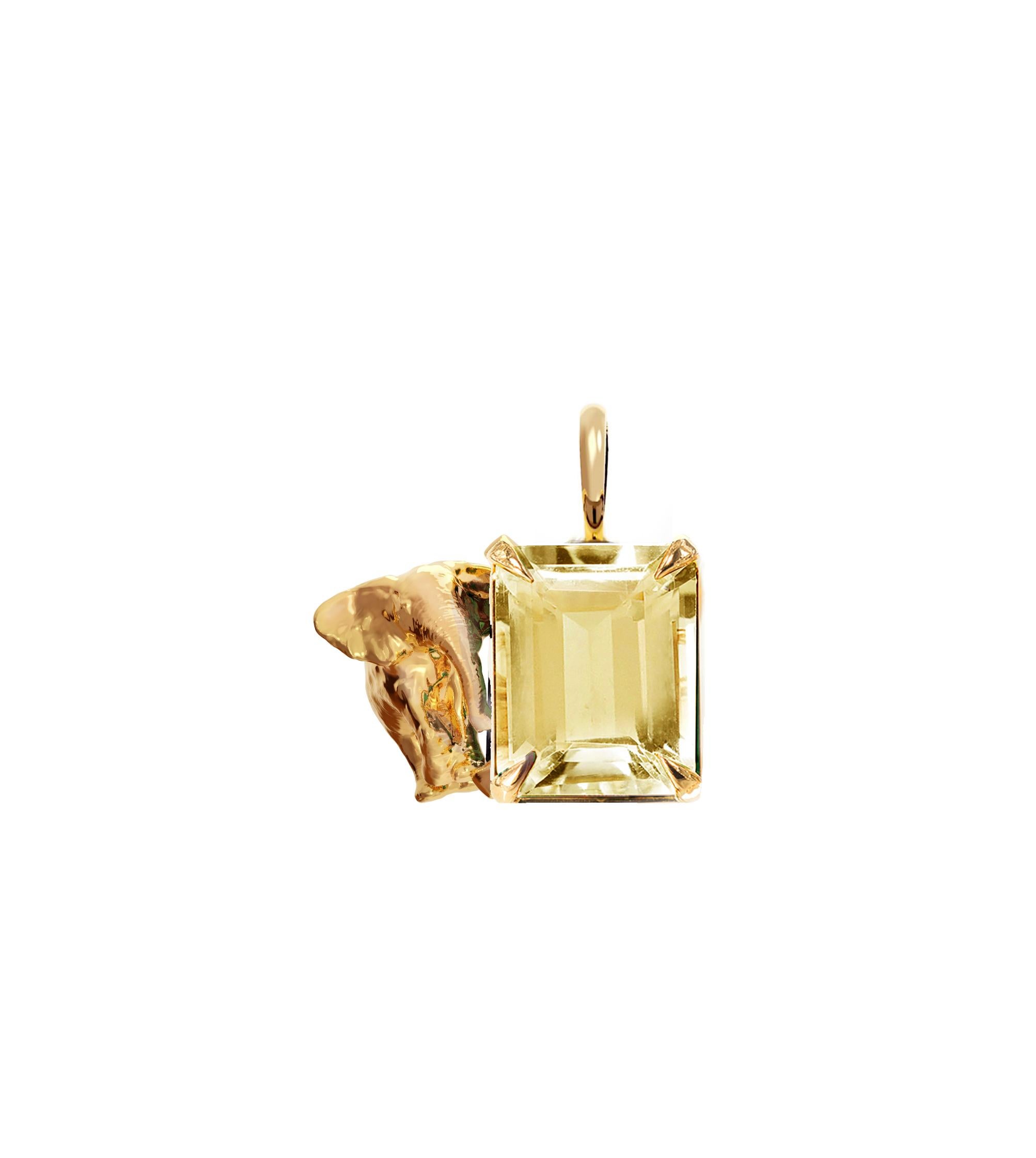 This contemporary pendant necklace, named after Mesopotamia, feature natural citrine quartz and golden elephant. It belongs to the collection, which was featured in a published issue of Vogue UA. The piece will be custom made of 18 karat yellow