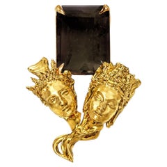 Collier pendentif contemporain en or jaune 18 carats avec quartz fumé