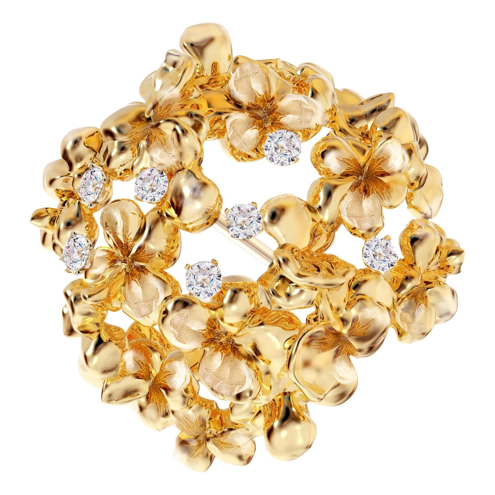 Spilla scultorea contemporanea in oro giallo a diciotto carati con sette diamanti