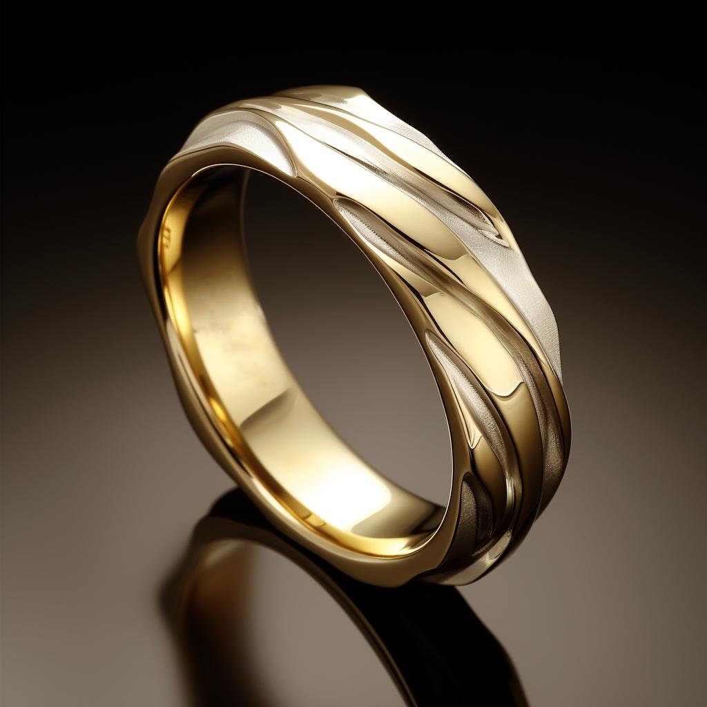 This wedding ring is made of 18 karat yellow gold and has a sculptural shape inspired by August Rodin. Width: 3-4 mm. The ring can be personalized with a name or a saying. Each ring has a unique, slightly different shape. Please allow us time to