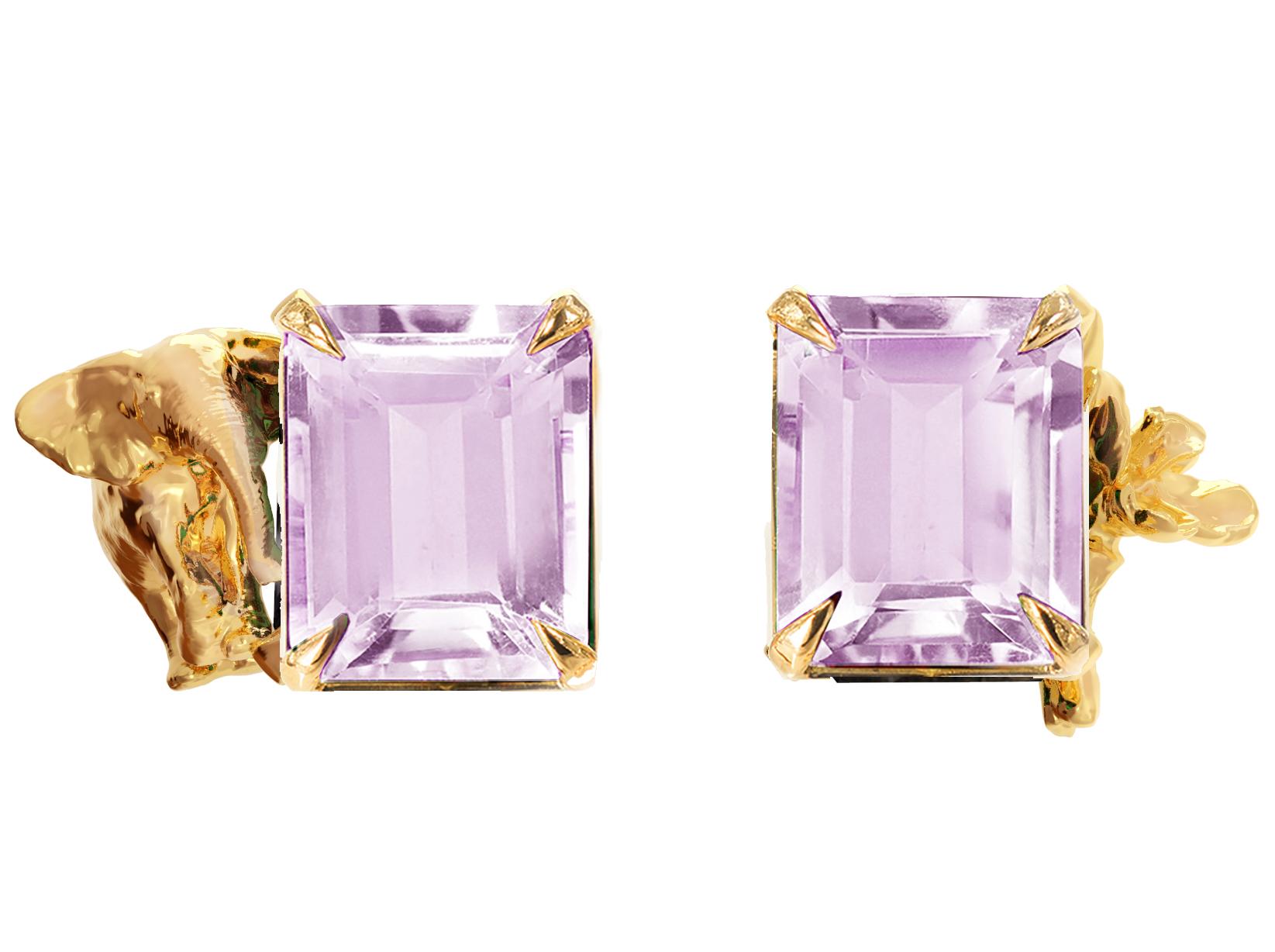 Eighteen Karat Yellow Gold Contemporary Stud Earrings with Amethysts For Sale 1