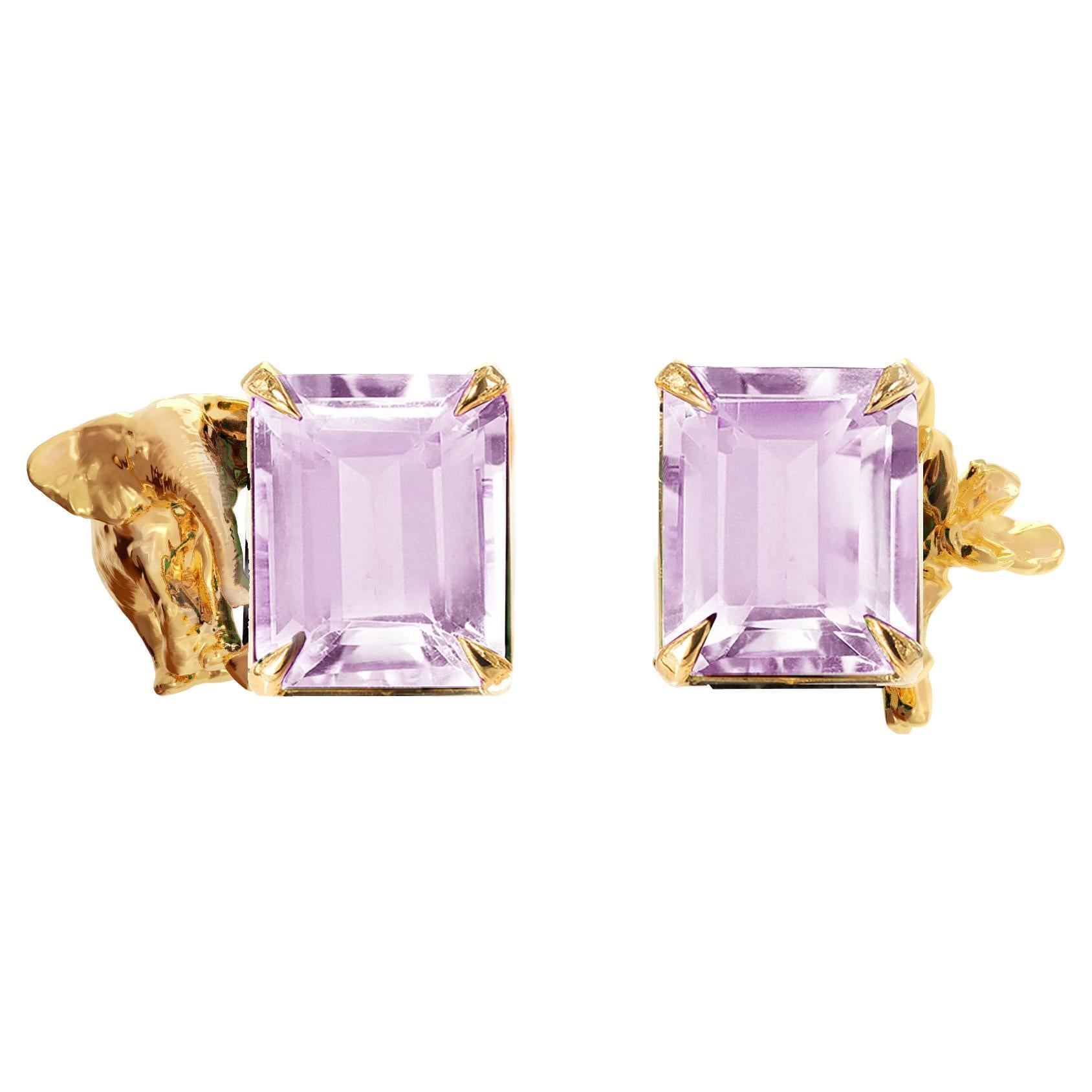 Eighteen Karat Yellow Gold Contemporary Stud Earrings with Amethysts For Sale