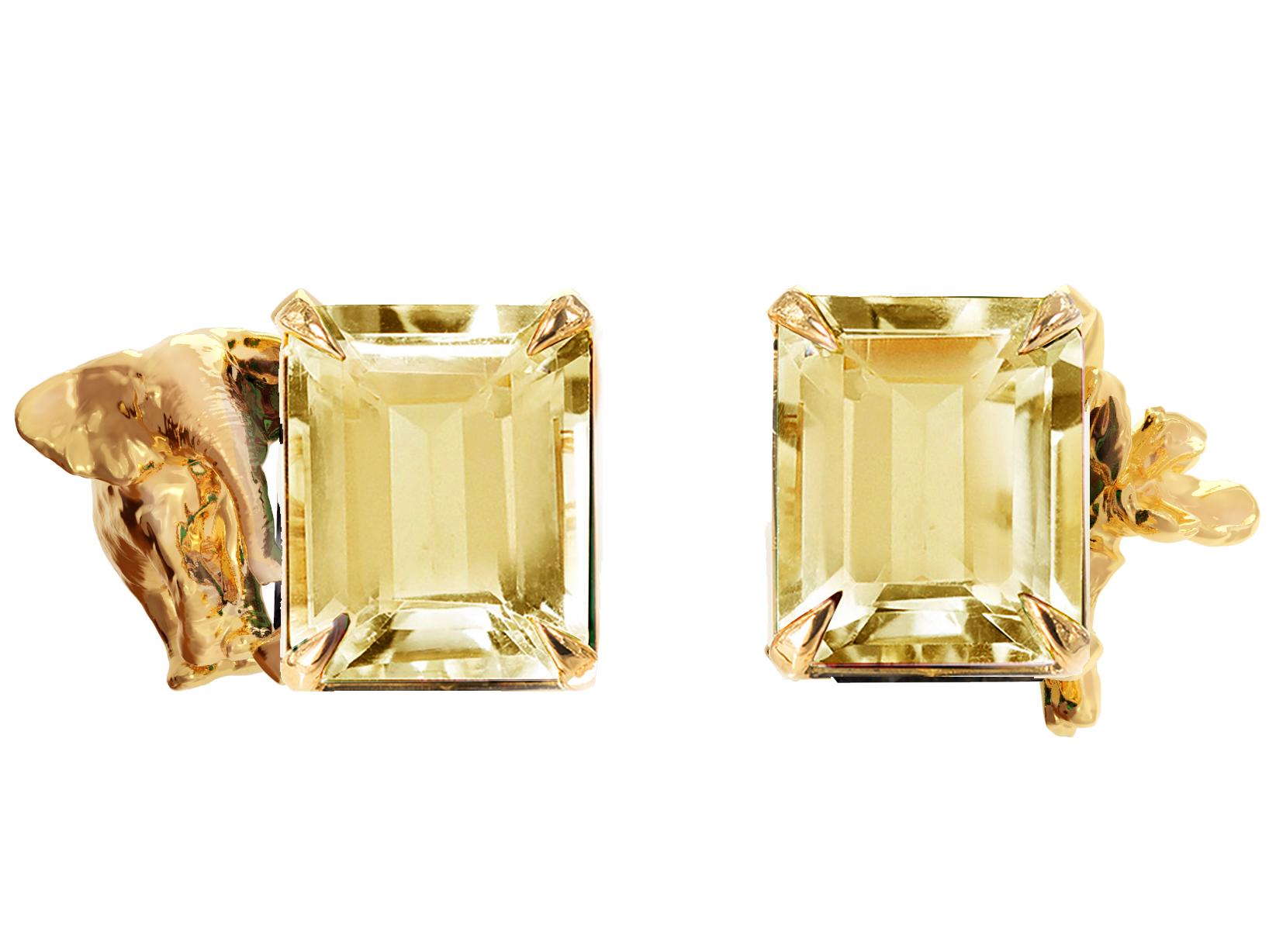 Women's or Men's Eighteen Karat Yellow Gold Contemporary Stud Earrings with Citrine Quartzes For Sale