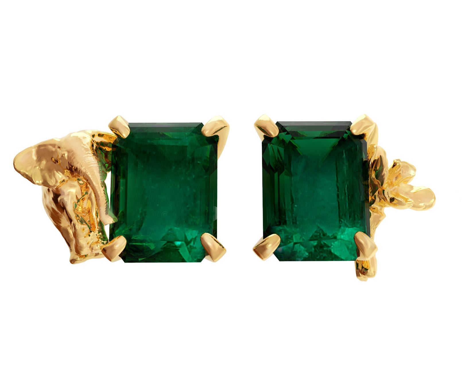 Women's or Men's Eighteen Karat Yellow Gold Contemporary Stud Earrings with Natural Emeralds For Sale