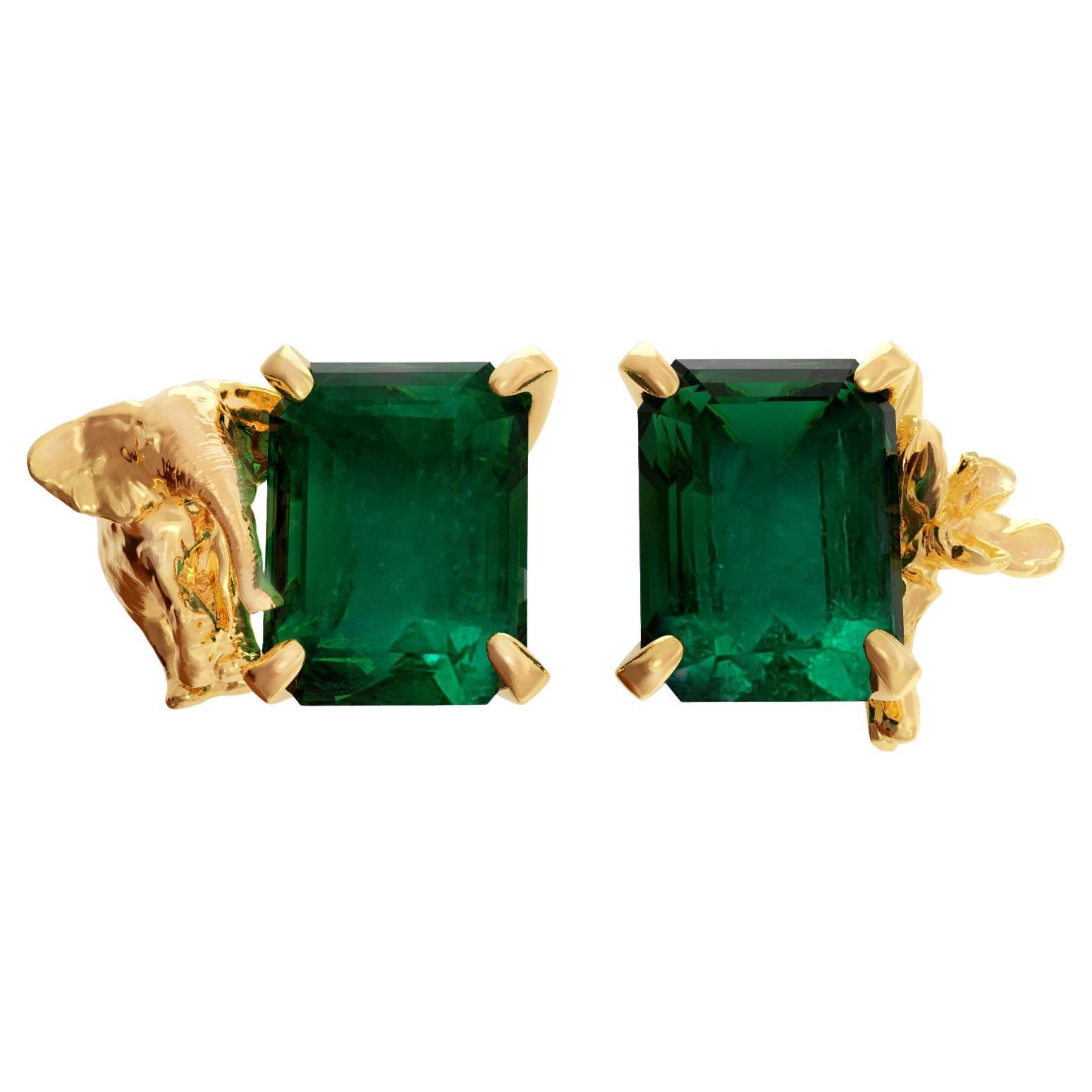 Eighteen Karat Yellow Gold Contemporary Stud Earrings with Natural Emeralds