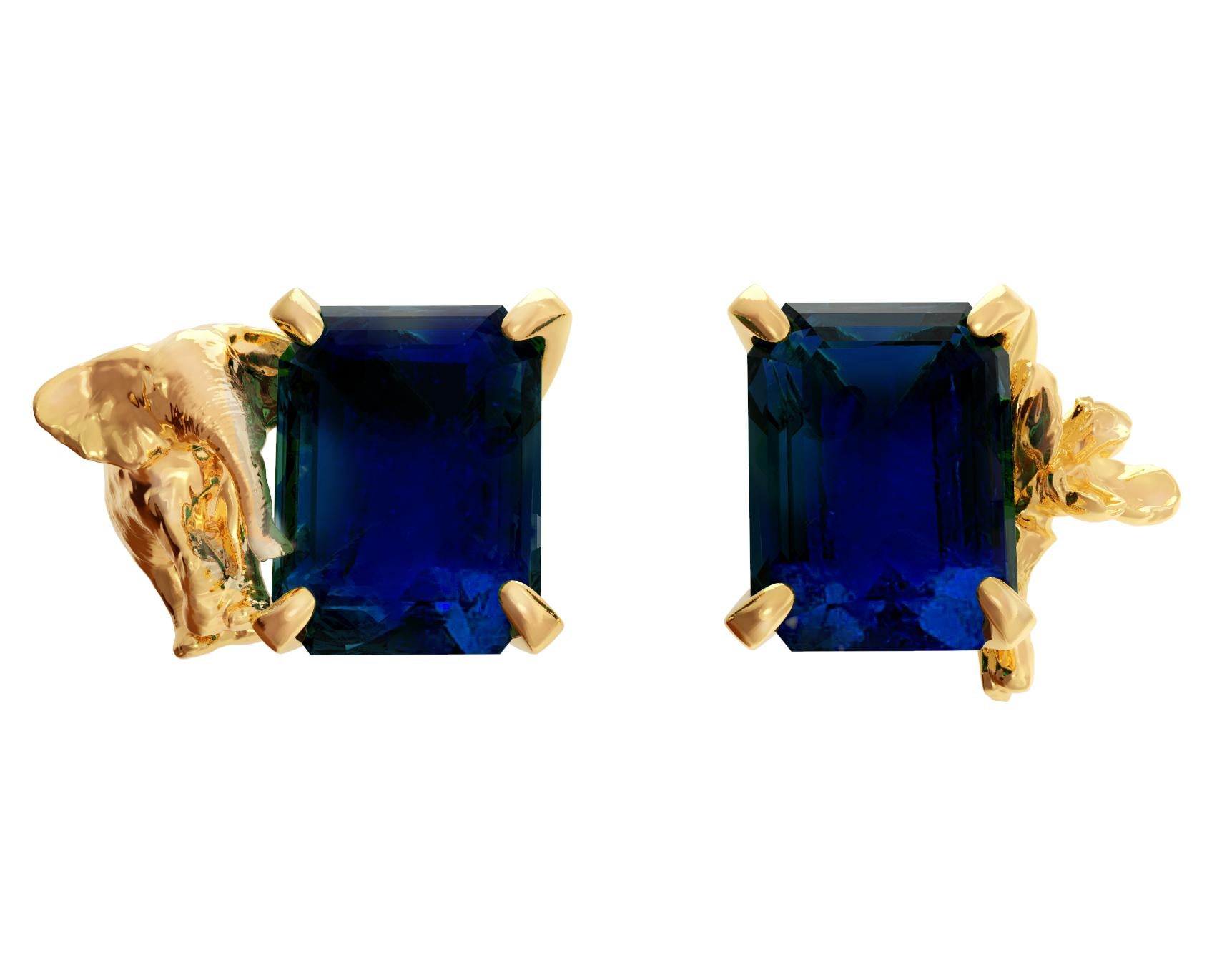 Octagon Cut Eighteen Karat Yellow Gold Contemporary Stud Earrings with Natural Sapphires For Sale