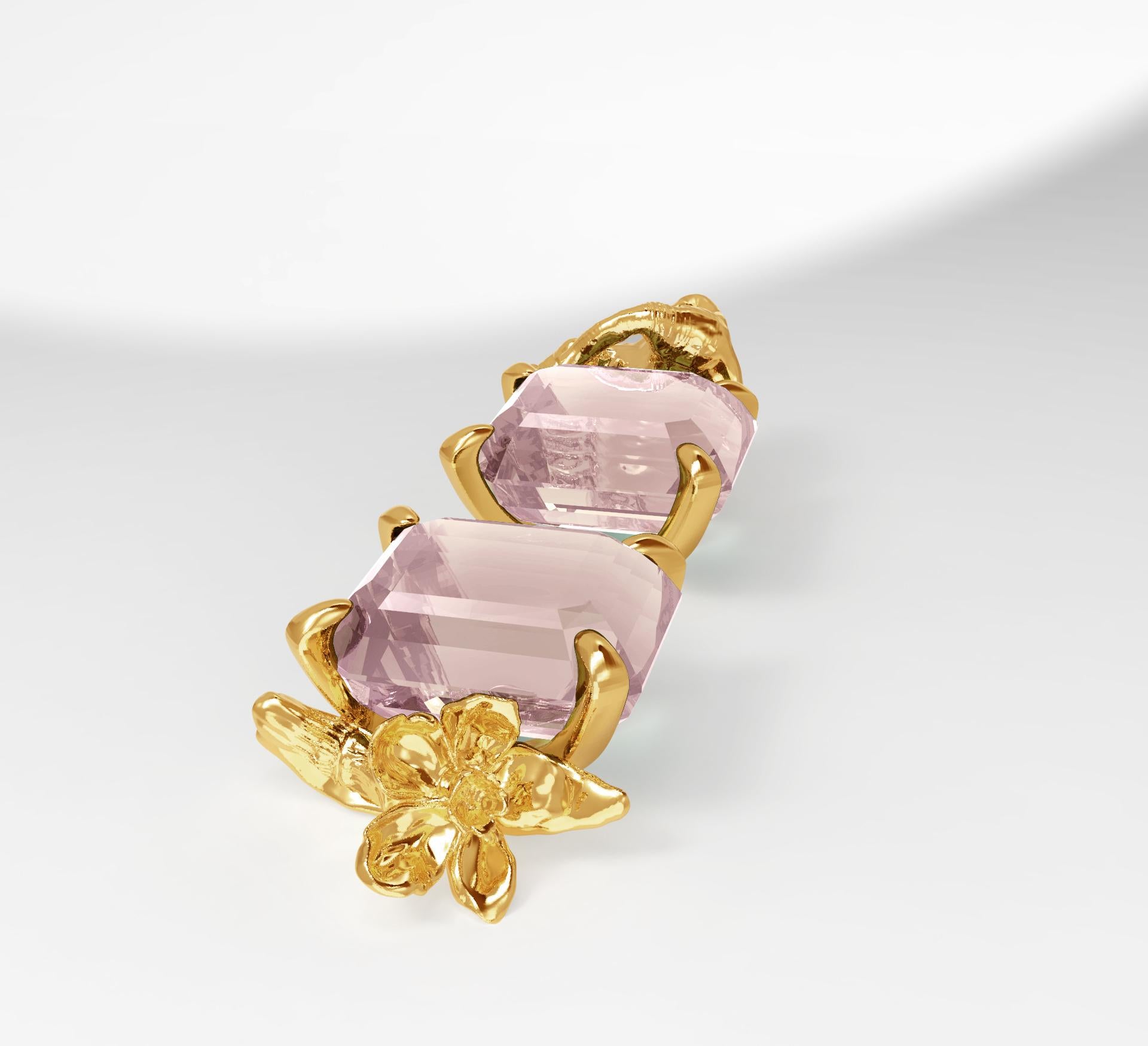 Contemporain Boucles d'oreilles contemporaines en or jaune 18 carats avec quartz rose en vente