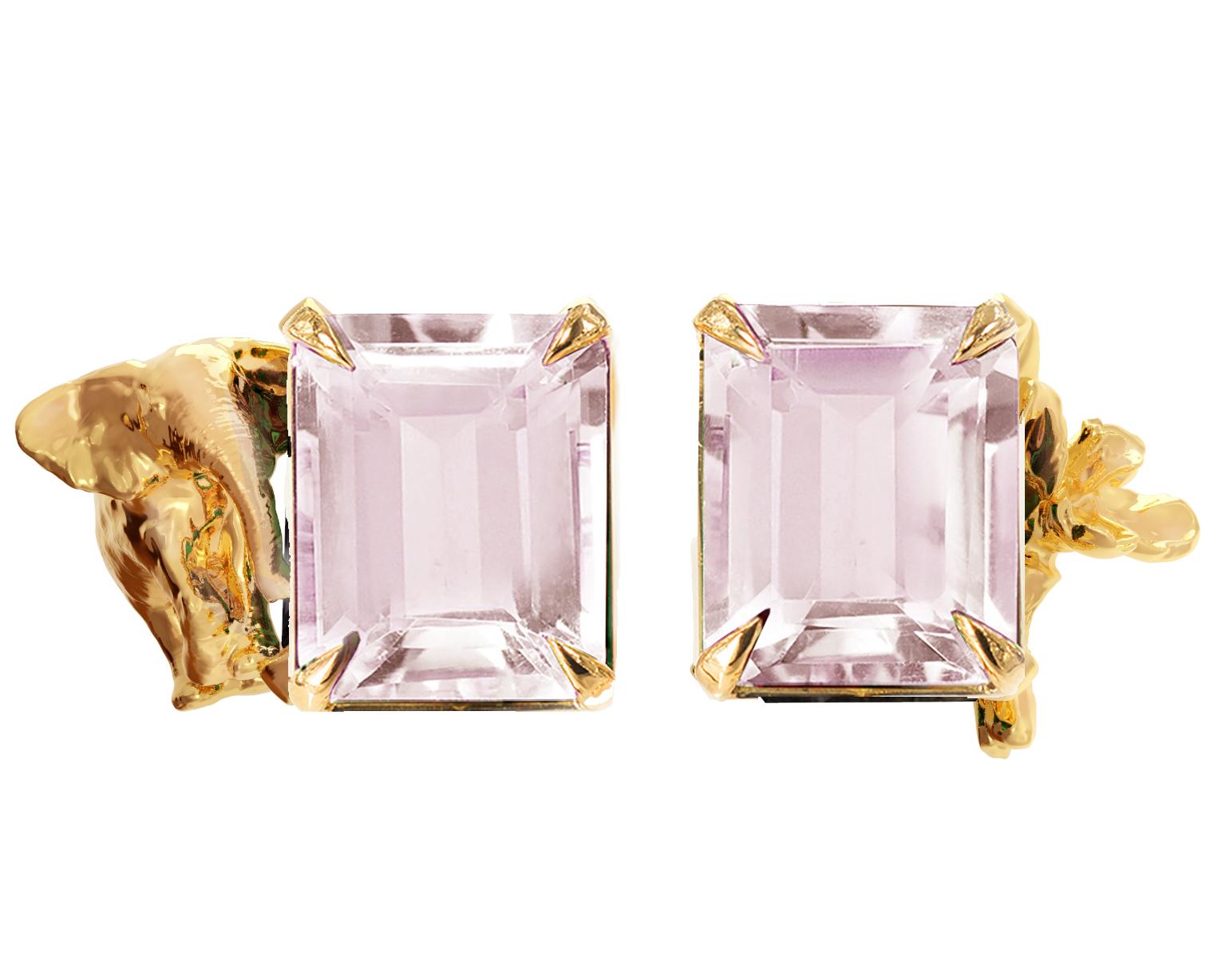 Boucles d'oreilles contemporaines en or jaune 18 carats avec quartz rose Unisexe en vente