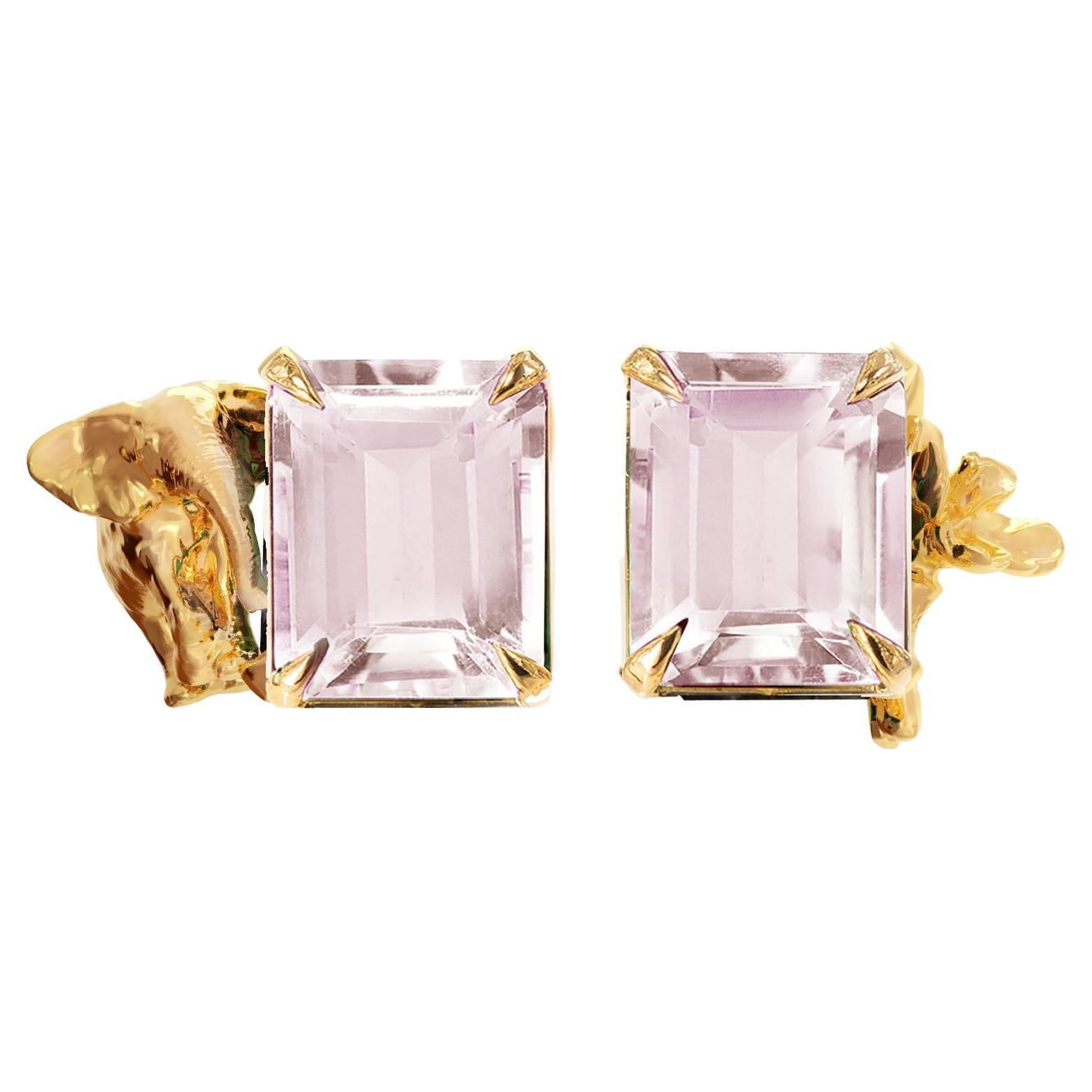 Eighteen Karat Yellow Gold Contemporary Stud Earrings with Rose Quartz For Sale