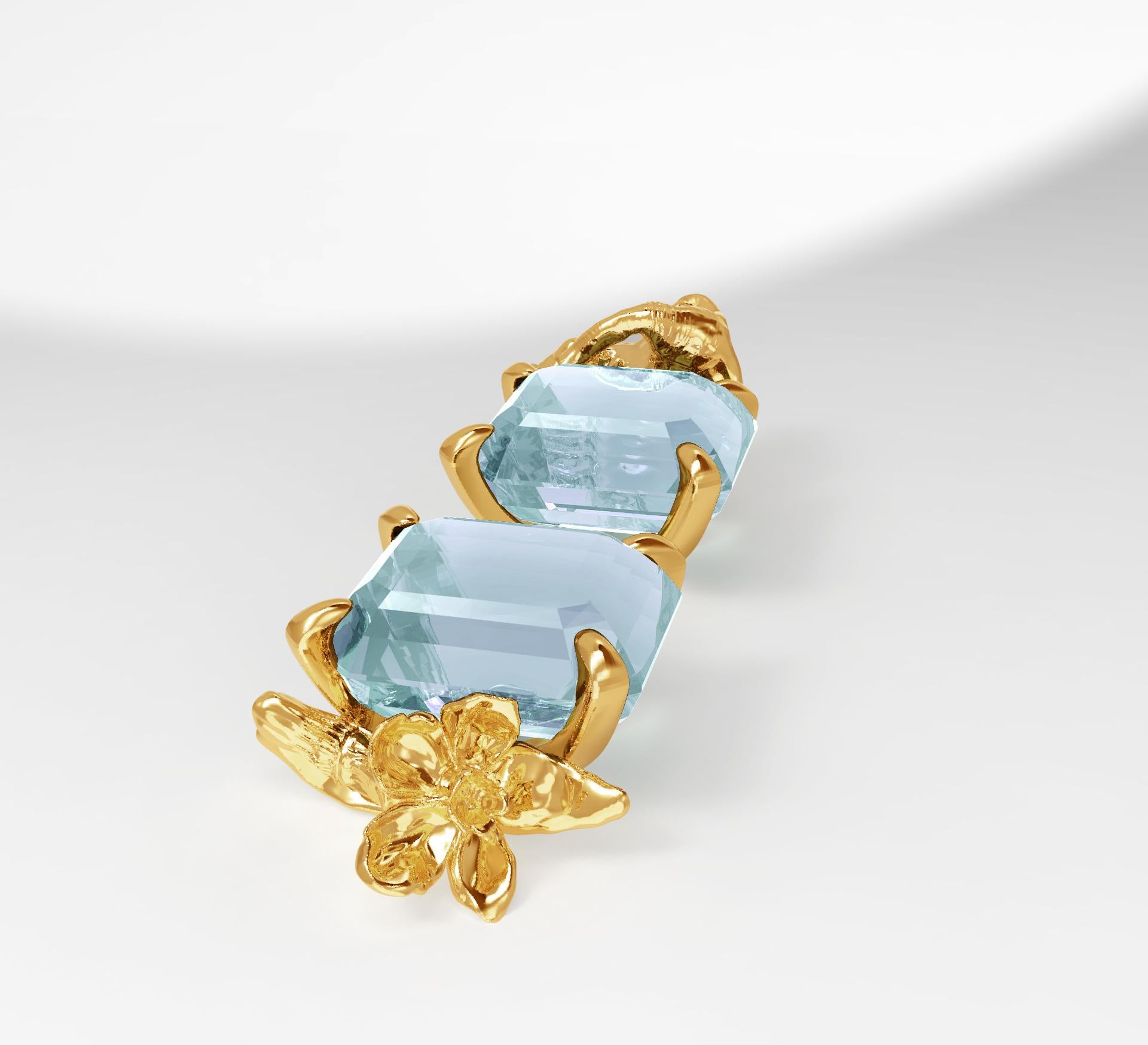 Taille octogone Boucles d'oreilles contemporaines en or jaune 18 carats avec topaze bleu ciel en vente