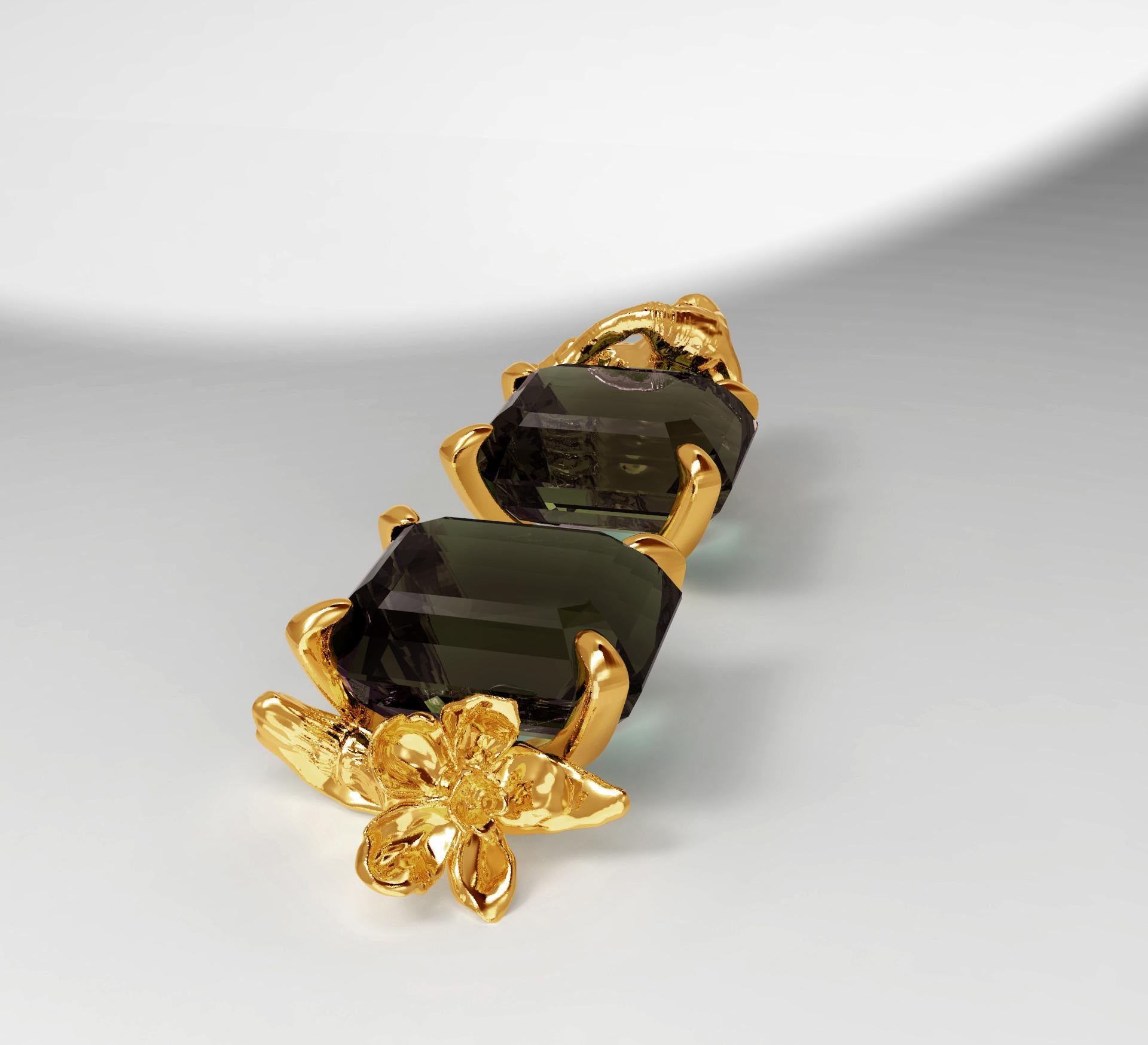 Taille octogone Boucles d'oreilles contemporaines en or jaune 18 carats avec quartz fumé en vente