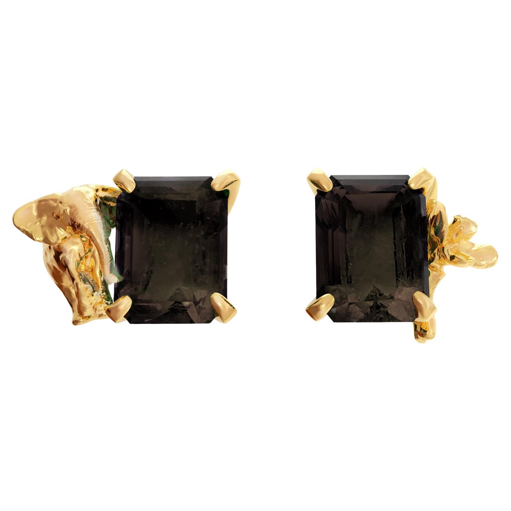 Eighteen Karat Yellow Gold Contemporary Stud Earrings with Smoky Quartz For Sale