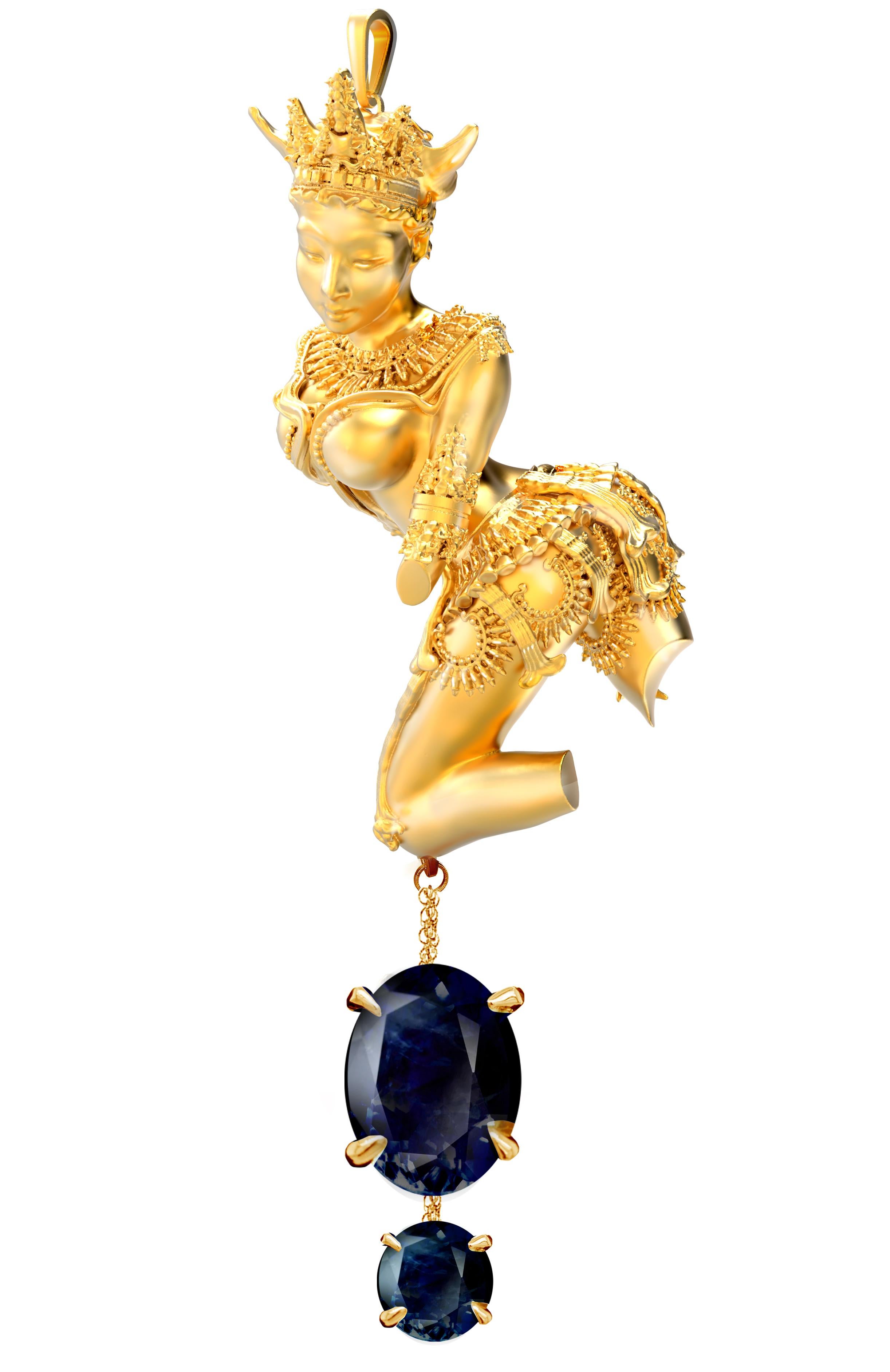 Eighteen Karat Yellow Gold Dakini Pendant Necklace with Dark Blue Sapphire For Sale 11